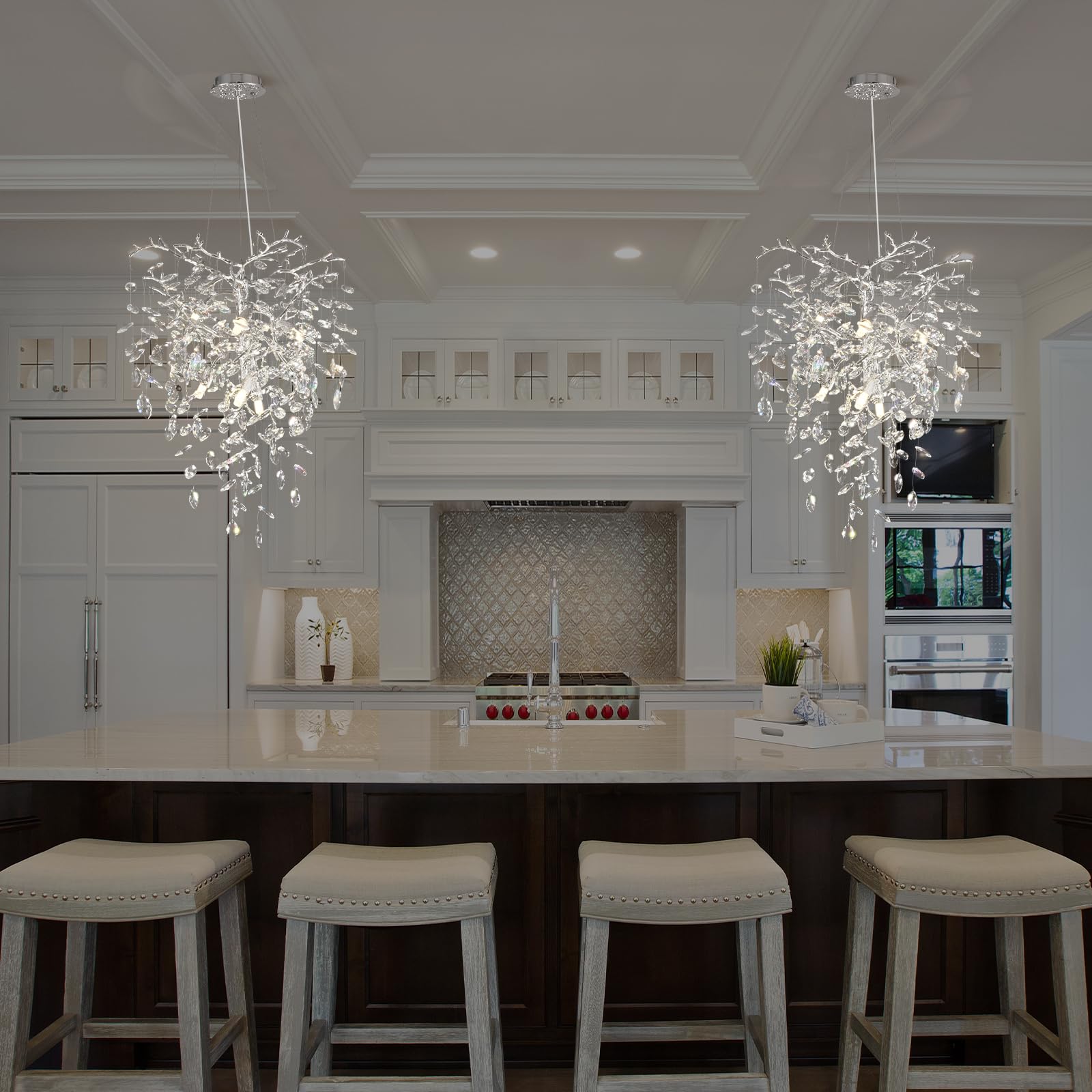 kvtinmty Silver Crystal Chandelier, 21 Inch, 6 Lights, Modern Round K9 for Dining Room, Bedroom, Living Room, Foyer, Kitchen Island