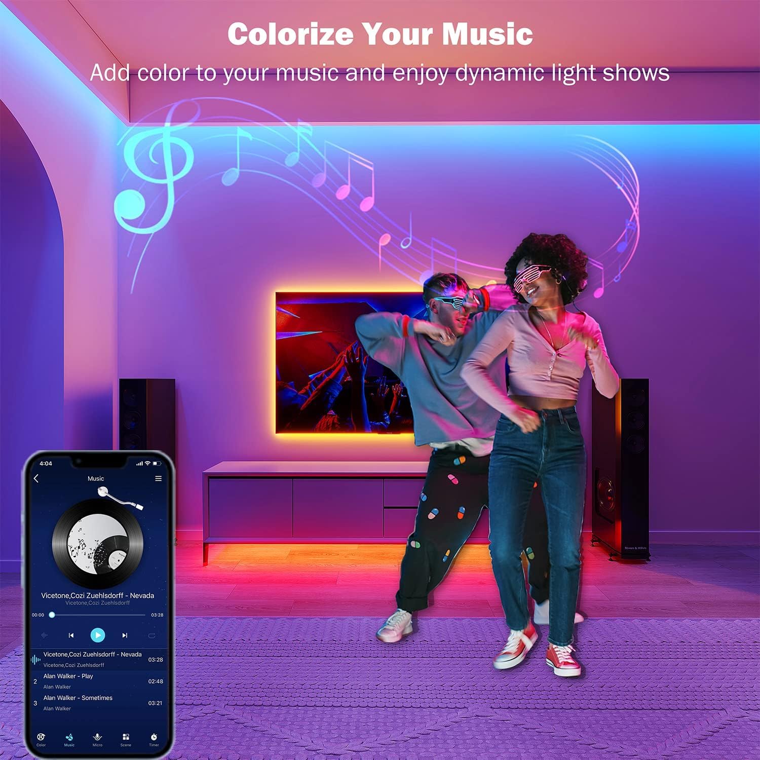 Leeleberd 50ft LED Strip Lights - Bluetooth RGB Color Changing, Remote Control, Multicolor, Plastic, Model T-100 for Home Decoration