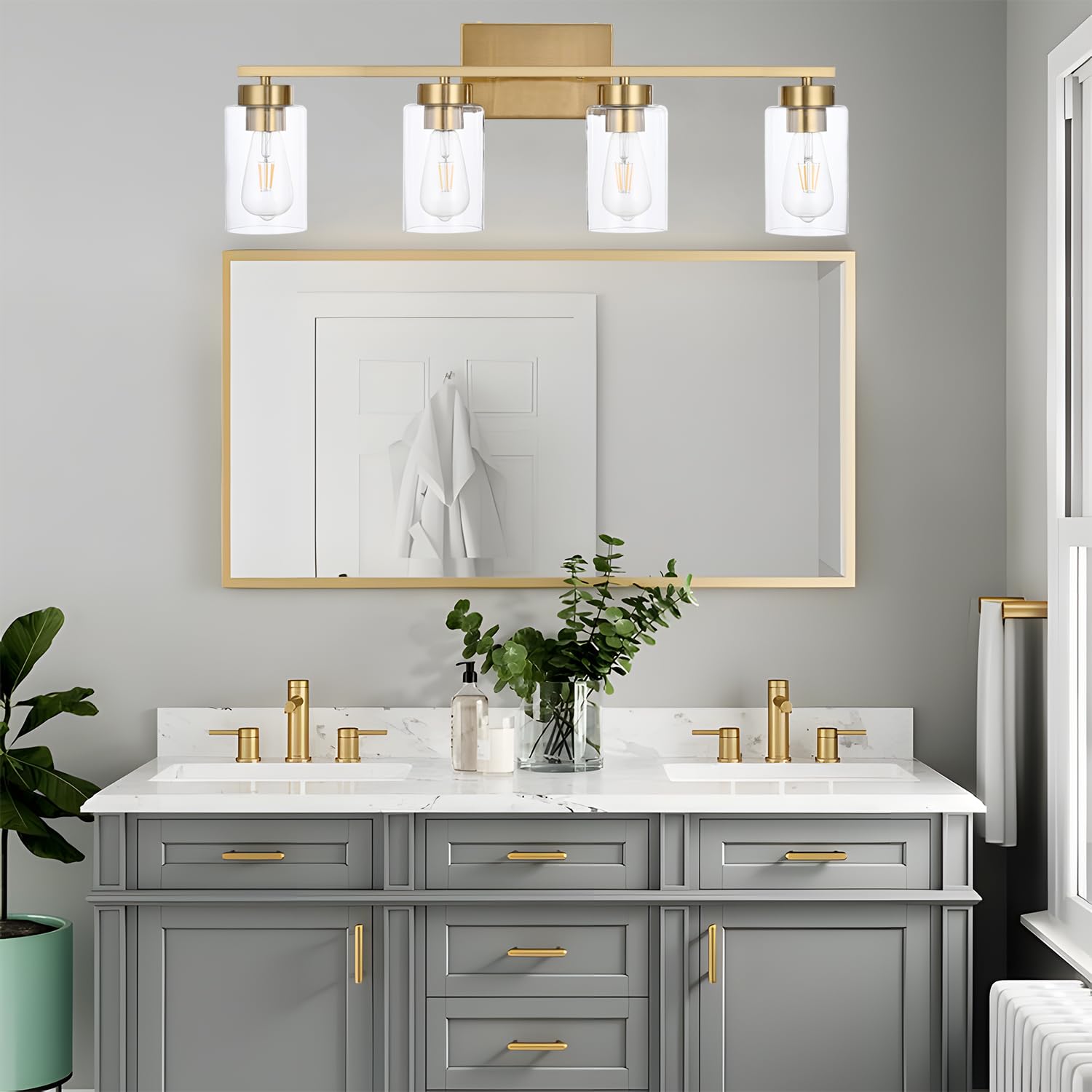 A1A9 4 Light Bathroom Vanity Light Fixtures, Brushed Brass, Clear Glass Shade, 4-Lights, Model NF-22405BR, Gold