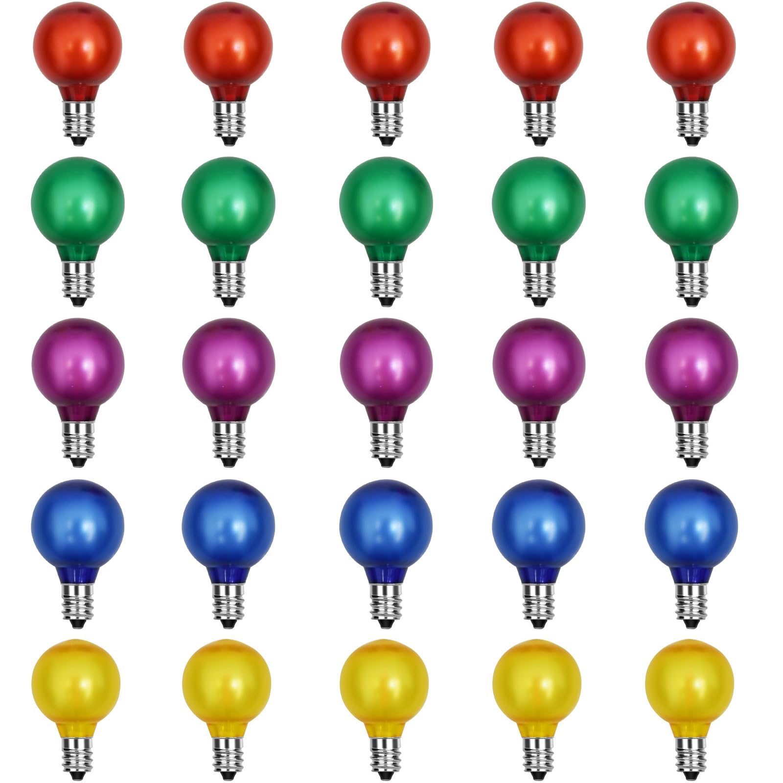 Abeja 25 Pack G40 Colored Led Bulbs, Frosted Multicolor Globe Replacement Bulbs, 0.6 Watt E12 C7 Candelabra Base Led Bulbs For O