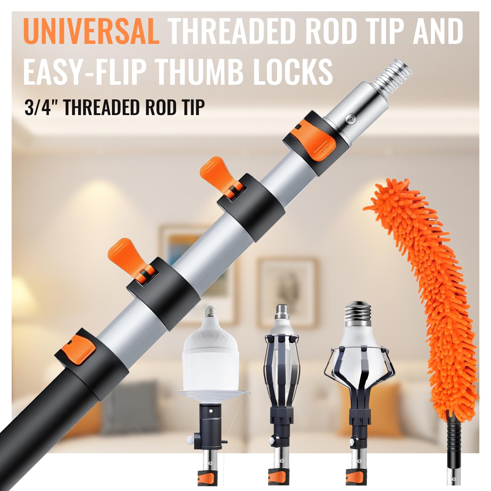 Generic Light Bulb Changer - 26FT Telescopic Extension Pole, Aluminum, Orange, Model BC-RCHLC-001, Ideal for High Ceilings and Recessed Lights