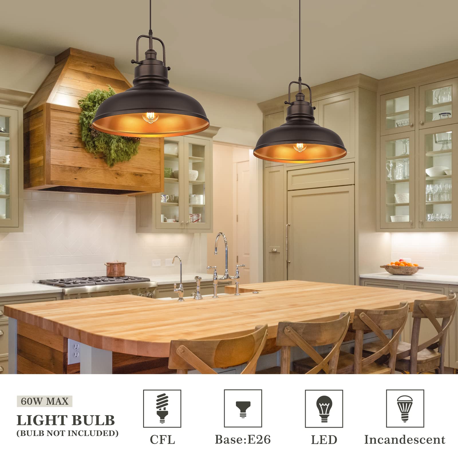 Zeyu 17.7 Inch Farmhouse Pendant Light For Kitchen Island, Large Ceiling Hanging Light With Metal Dome Shade, Oil Rubbed Bronze