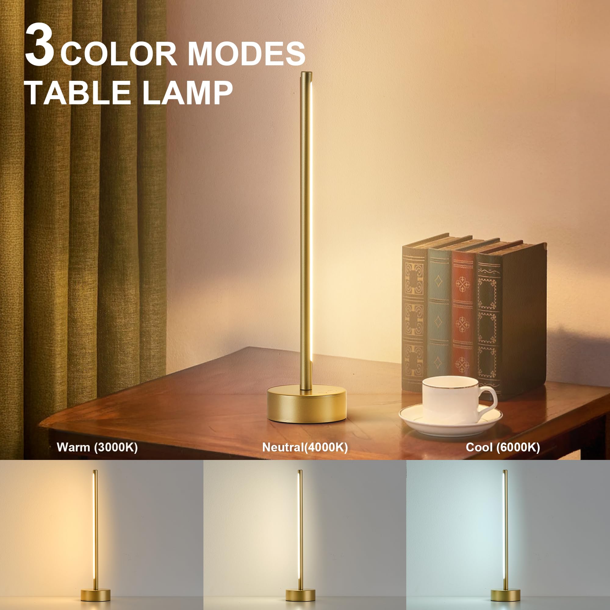 KARTOOSH Cordless LED Table Lamp Set, Dimmable 3 Color, 16.9" Gold, Battery Operated, Modern Design, 2 Pack, Model RS327BGD
