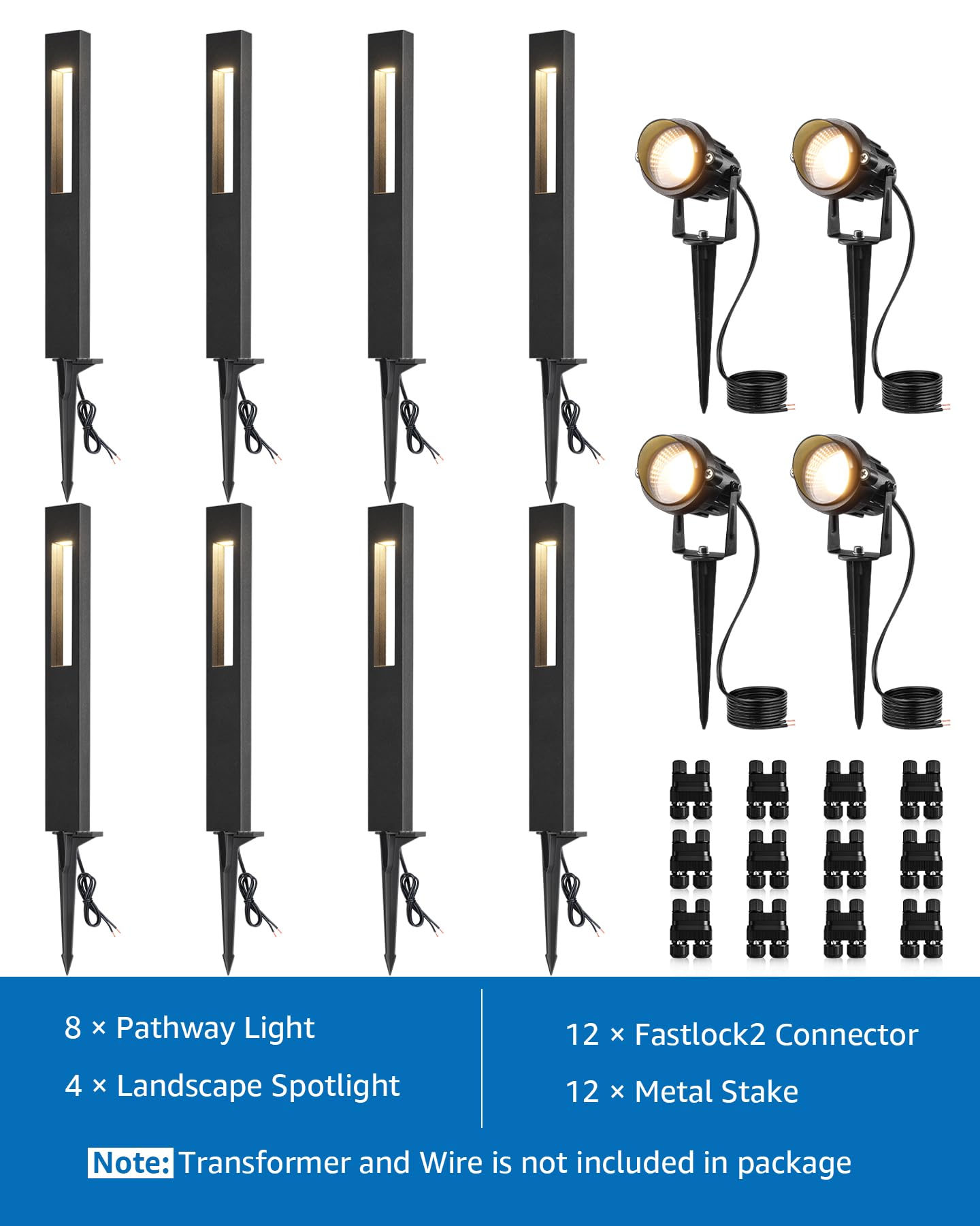 SUNVIE 12-Pack Low Voltage Pathway Lights, LED Outdoor Landscape, Cast-Aluminum, IP65 Waterproof, 3000K Warm White, Black