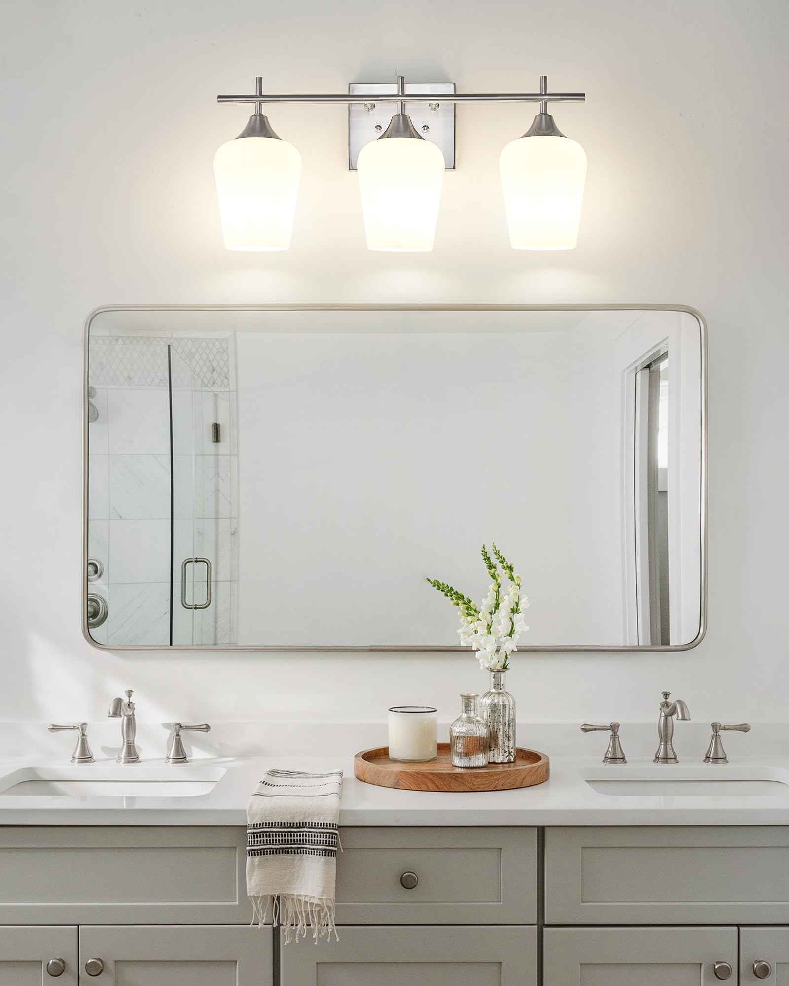 Osimir 3-Light Bathroom Vanity Light Fixtures, Brushed Nickel, Frosted Glass Shade, Model OS-YQ9167-3BNW, 21 Inch