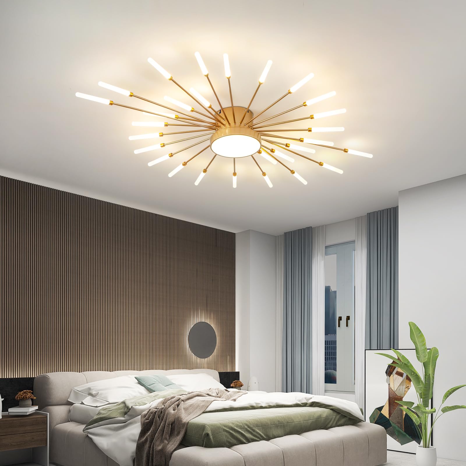 Ziidoo Modern Ceiling Light  28+1 Lights Metal Firework Designed Chic Led Lighting Fixture For Farmhouse Kitchen Dining Room Bedroom Hallway Living Room (Gold And Dark Gold)