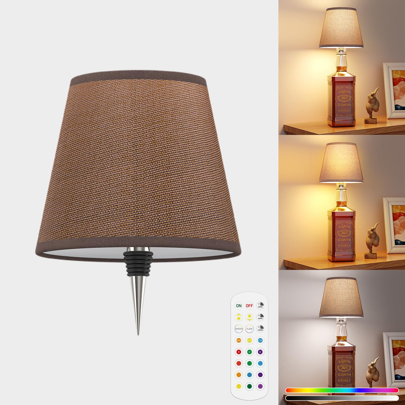 Eclipterra Cordless Bottle Lamp Shade Wireless RGB LED Wine Bottle Lamp with 3 Color Temperature 5000mAh Battery Portable Table 