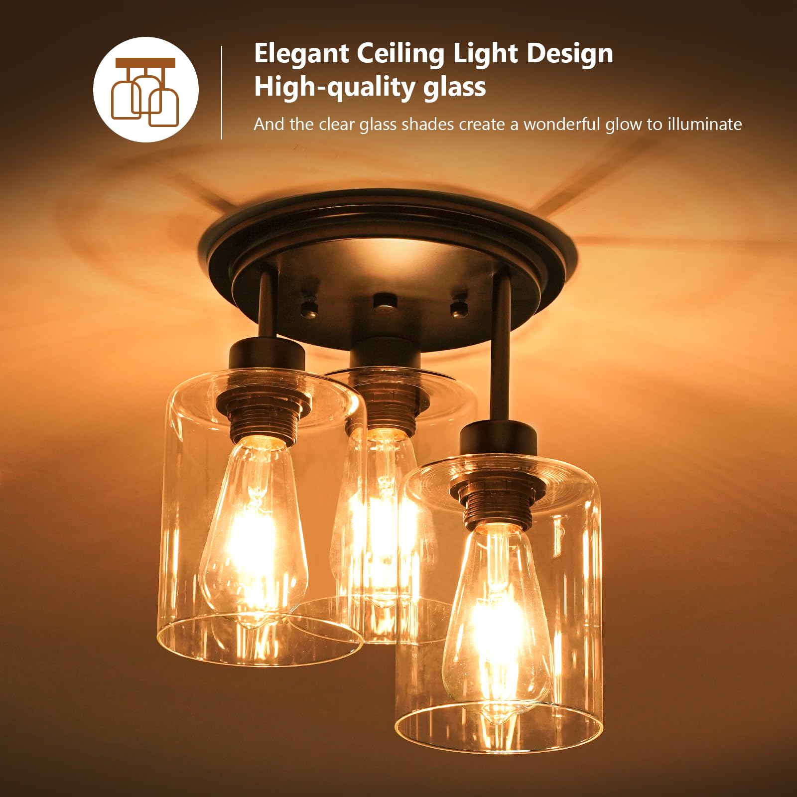 Semi Flush Mount Ceiling Light, 3-Light Ceiling Light Fixture Clear Glass Shades Black Kitchen Light Fixtures Close To Ceiling L