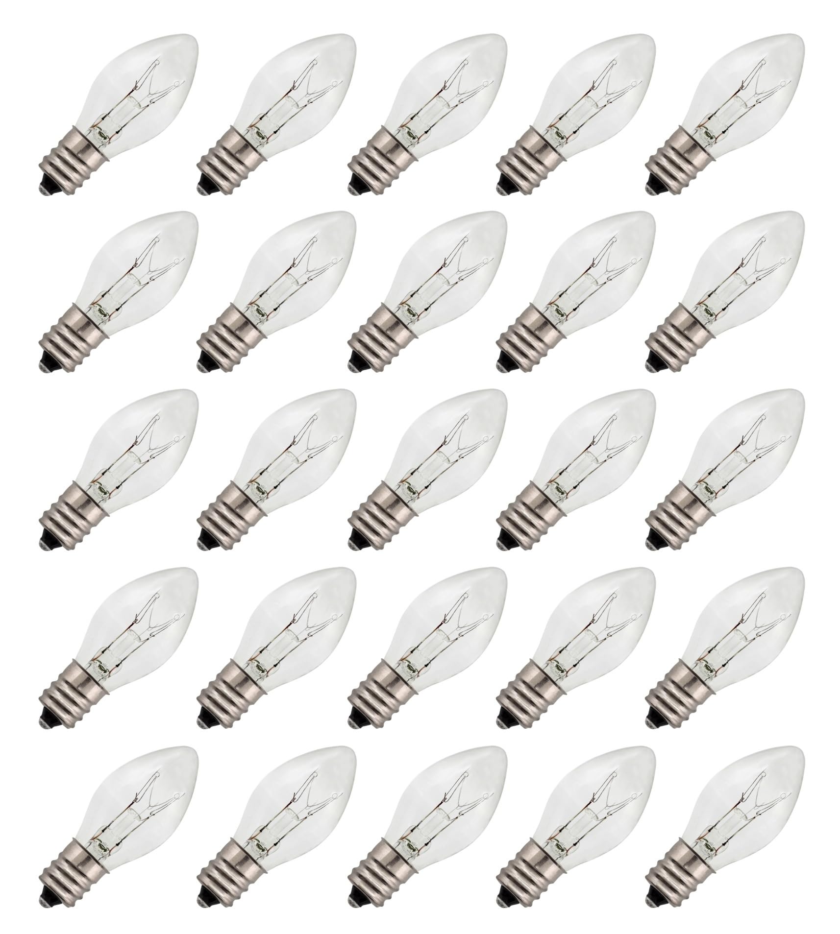 Creative Hobbies 25 Pack C7 Incandescent Night Light Bulbs, Clear Glass, 4W, E12 Base
