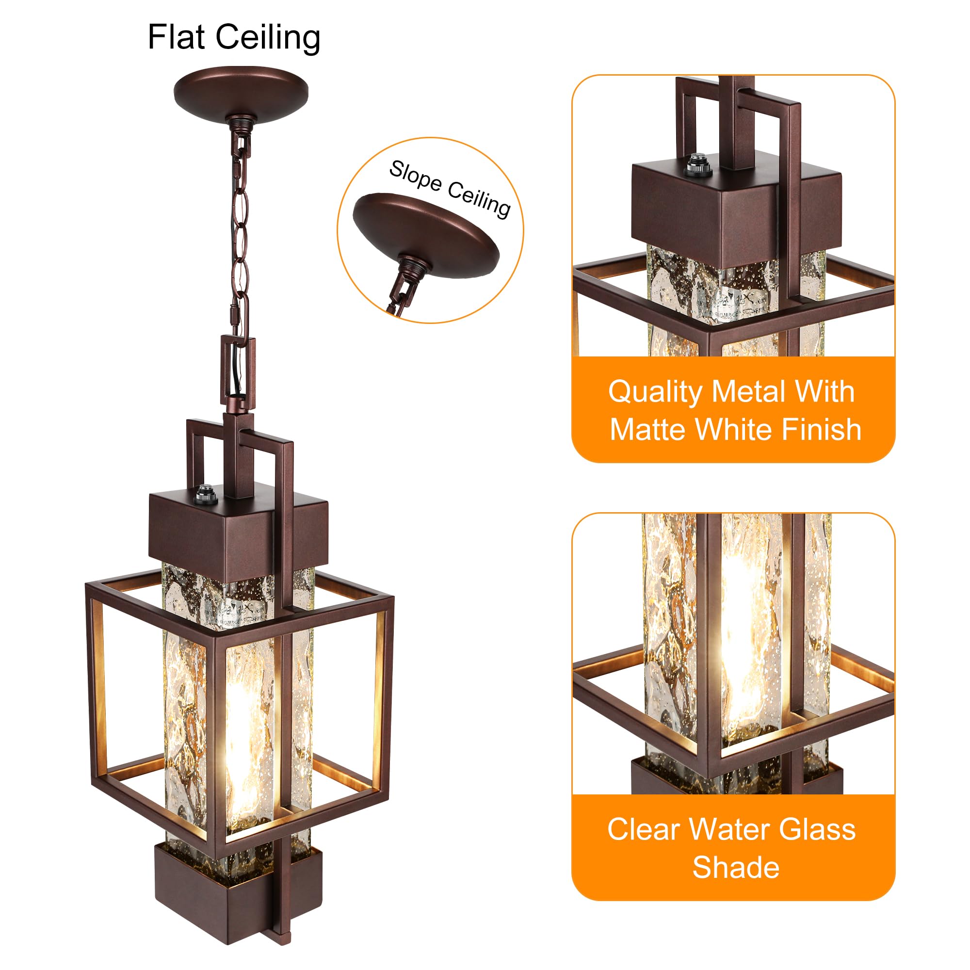 PARTPHONER 15" Outdoor Pendant Light, Modern Metal Chandelier, Water Glass, Bronze, Model PACL084BZ1