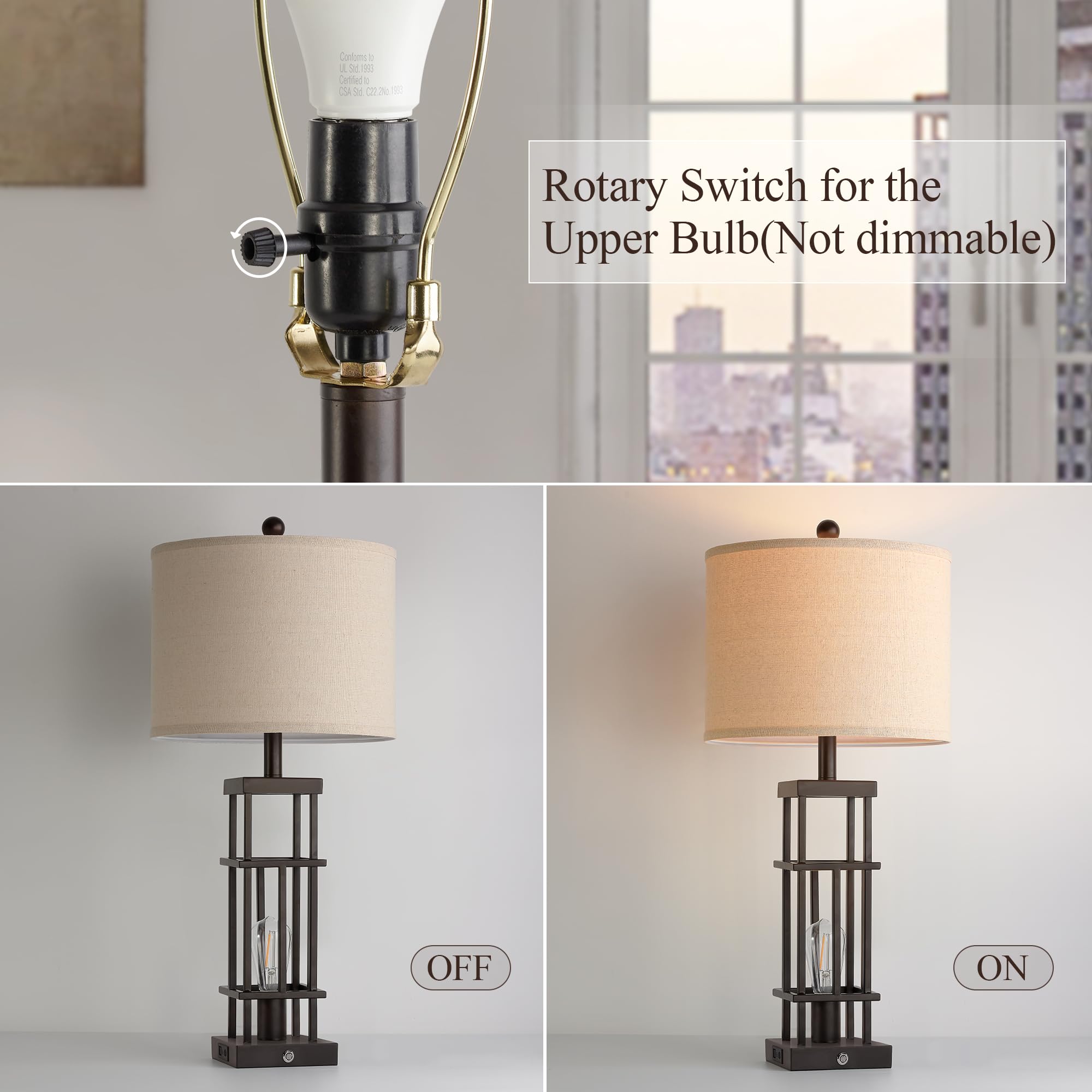 Bzzmmb 29.5'' Table Lamps For Living Room Set Of 2, Farmhouse Table Lamps With Usb C+A Ports, Touch Control Bedside Lamps With O