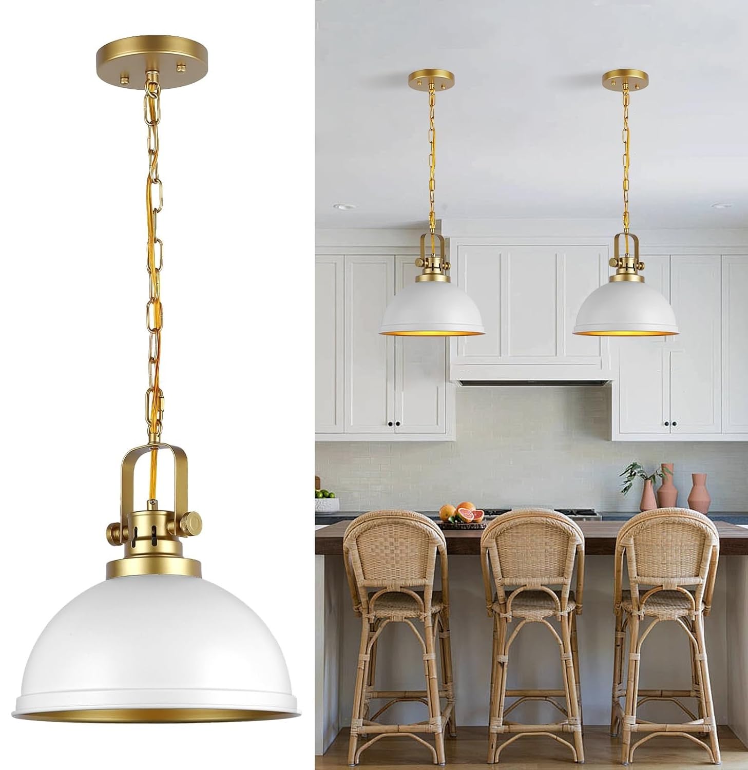 Mgcanyu Modern White And Gold Pendant Lights 11.8 Vintage White Gold Pendant Light Fixtures Iron Dome Lighting Hanging Ceiling For Kitchen Island Dining Room Restaurant Bedroom Farmhouse Entrance