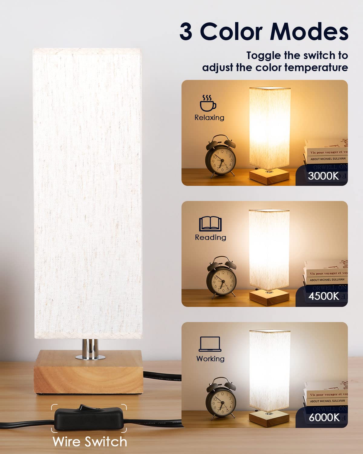 Soilsiu Bedside Table Lamp Bedroom 3 Color Options Burlywood Lamps With Modern Fabric Shade Reading Nightstand Lamps For Living