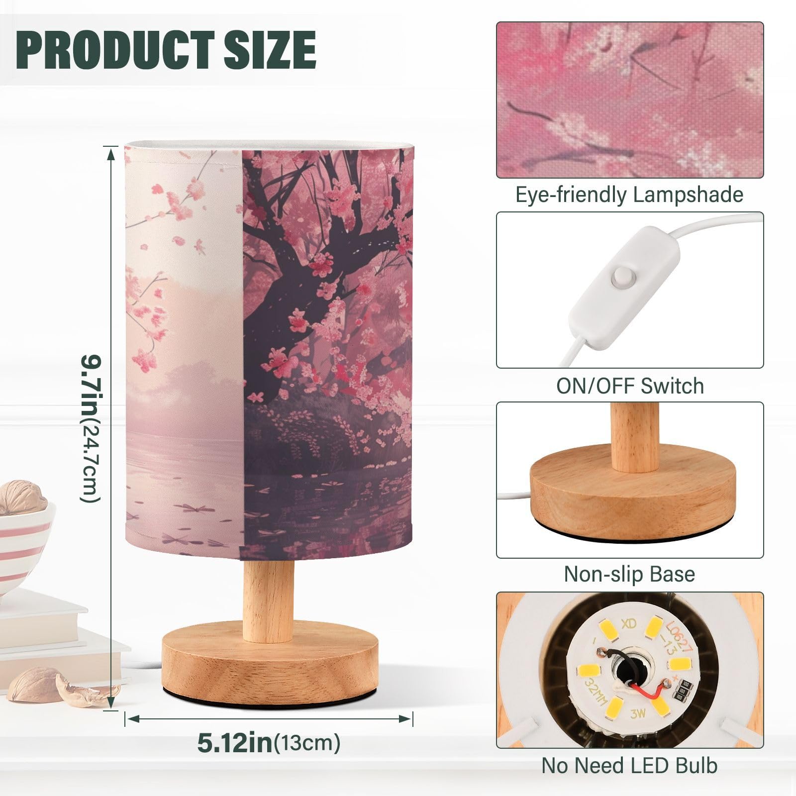 Oarencol Bedside Table Lamp Cherry Blossom Pink Floral Flower Nightstand Lamp With Wood Desk Lamps For Bedroom Living Room Nurse