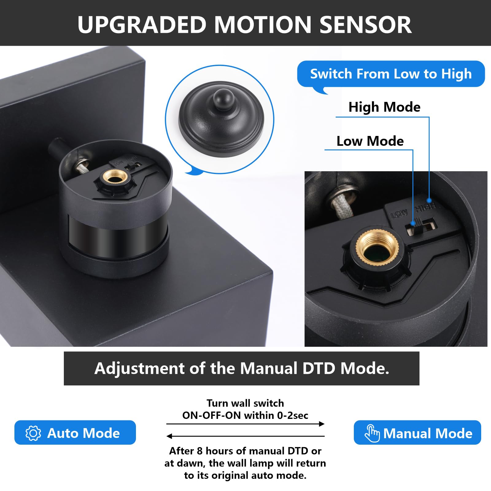 DAKAFUL Motion Sensor Outdoor Lights - 2-Pack, LED Wall Sconce, Dusk to Dawn, Black, Model DK-MSOR-QX-01