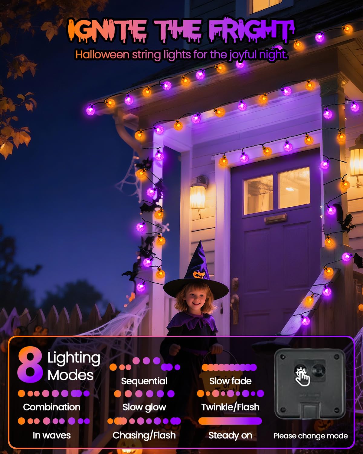 LORRYTE Solar Globe String Lights, 100 LED, 64FT, Purple & Orange, 2-Pack, Waterproof, 8 Lighting Modes for Halloween Outdoor Decorations