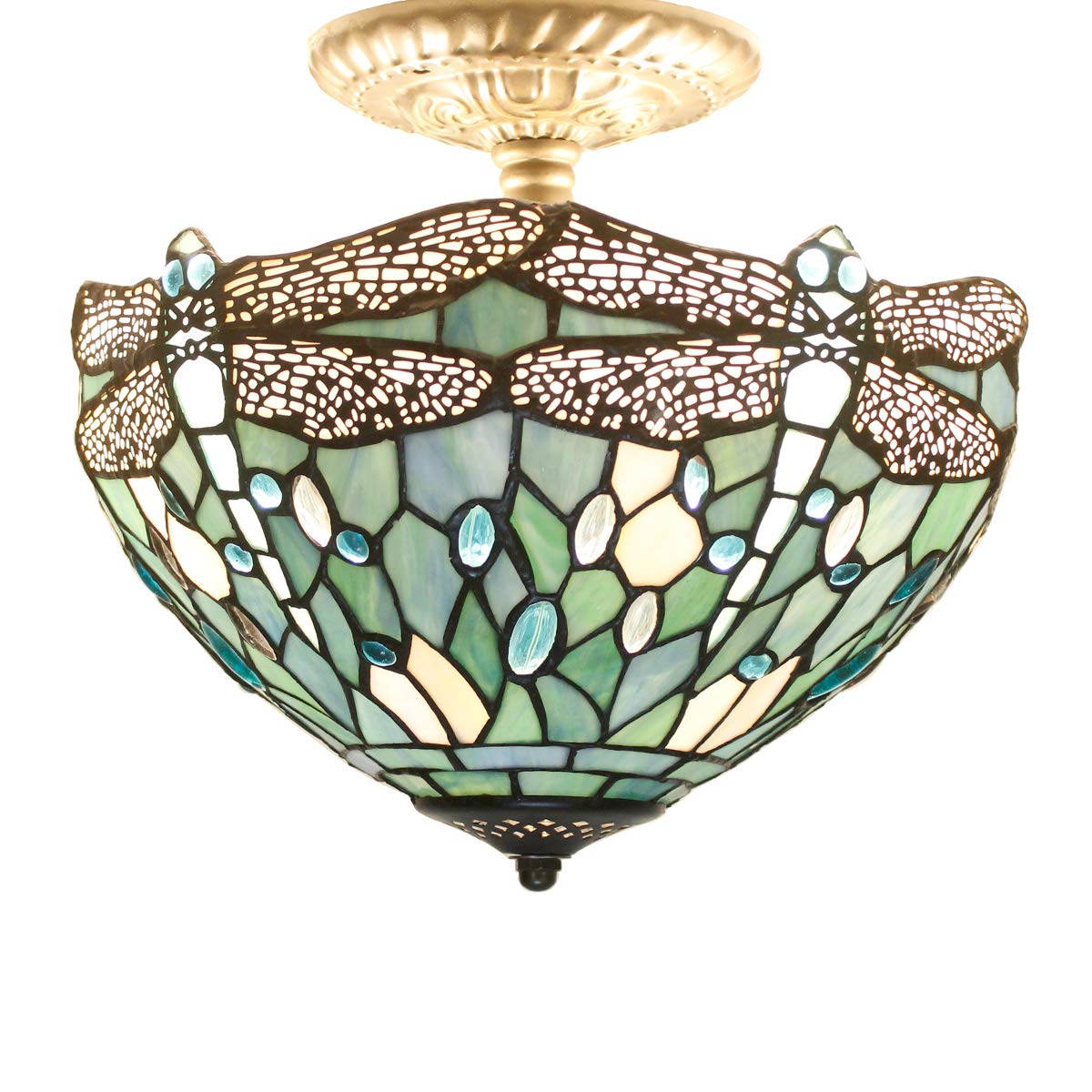 WERFACTORY Tiffany Ceiling Light Fixture Sea Blue Stained Glass Dragonfly Semi Flush Mount Lamp Wide 12 Inch, Height 11 Inch S14