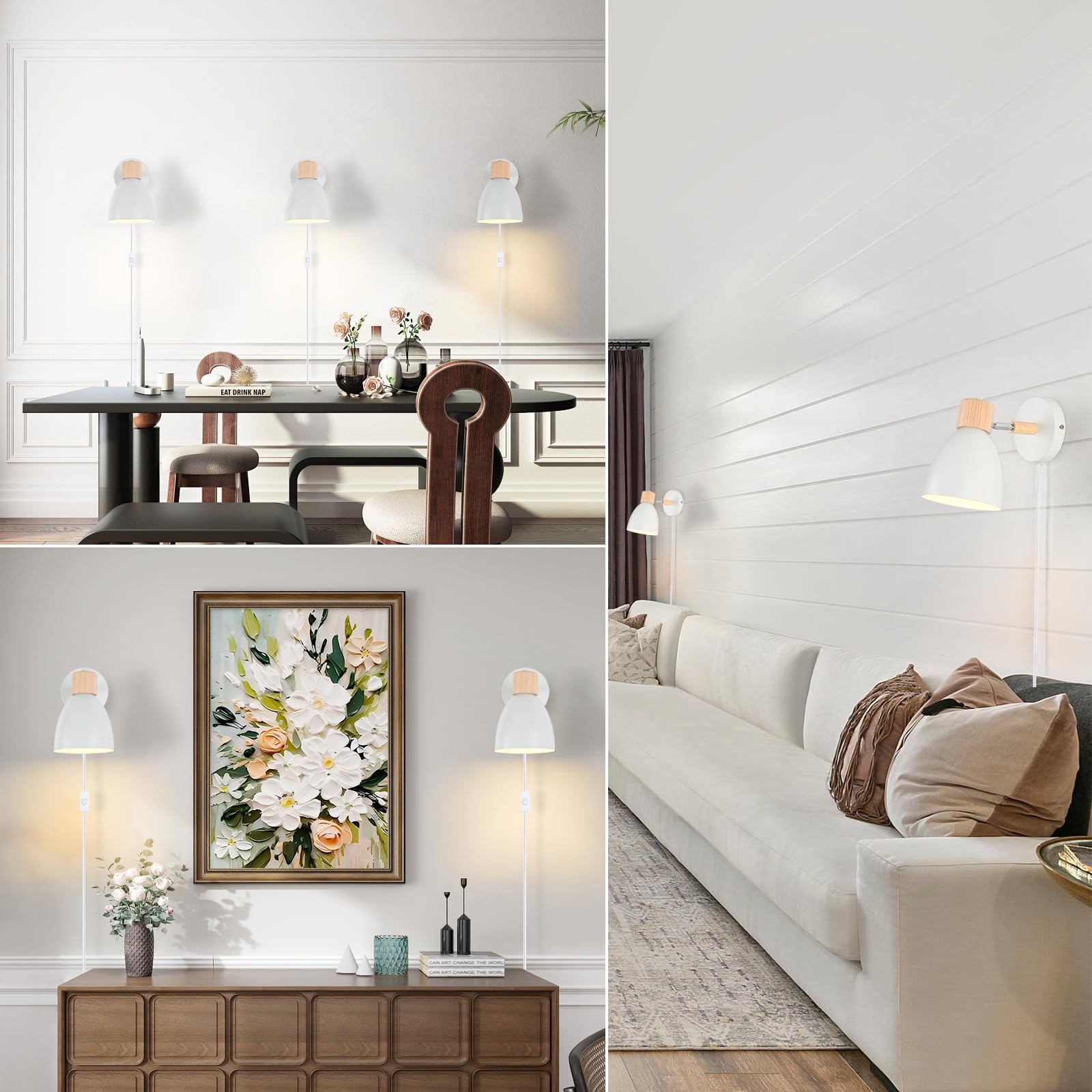 Eyooer Wall Sconces Plug In, Swing Arm Wall Lamp With Power Cord, White Plug In Wall Lighting Fixtures Set Of Two, Bedside Wall Mounted Reading Lamp With Switch, For Bedside Bedroom Hallway