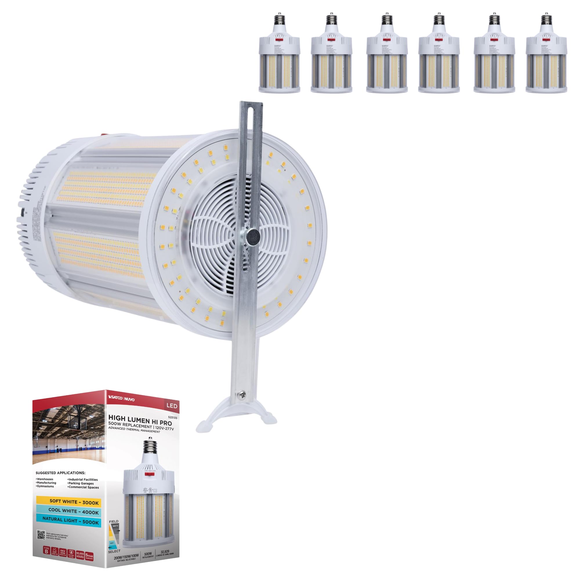 Satco Part S23135 200W/150W/100W LED Corncob Bulb, EX39 Base, 120-277V, 3000K/4000K/5000K CCT Selectable, 500W HID Replacement, 