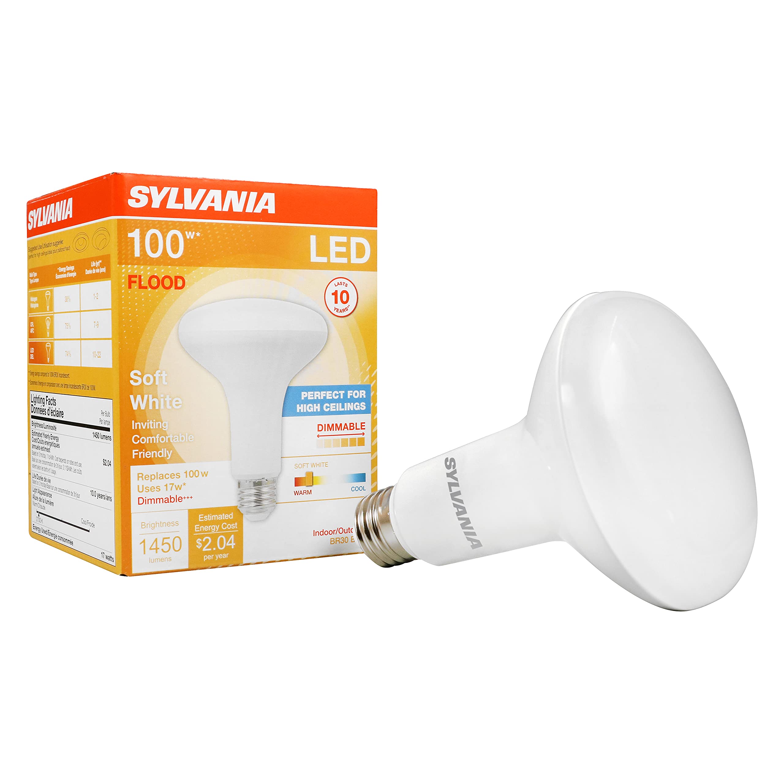 Sylvania LED Flood BR30 Light Bulb  100W Equivalent Efficient 17W  Dimmable 2700K  Soft White - 1 Pack (40288)