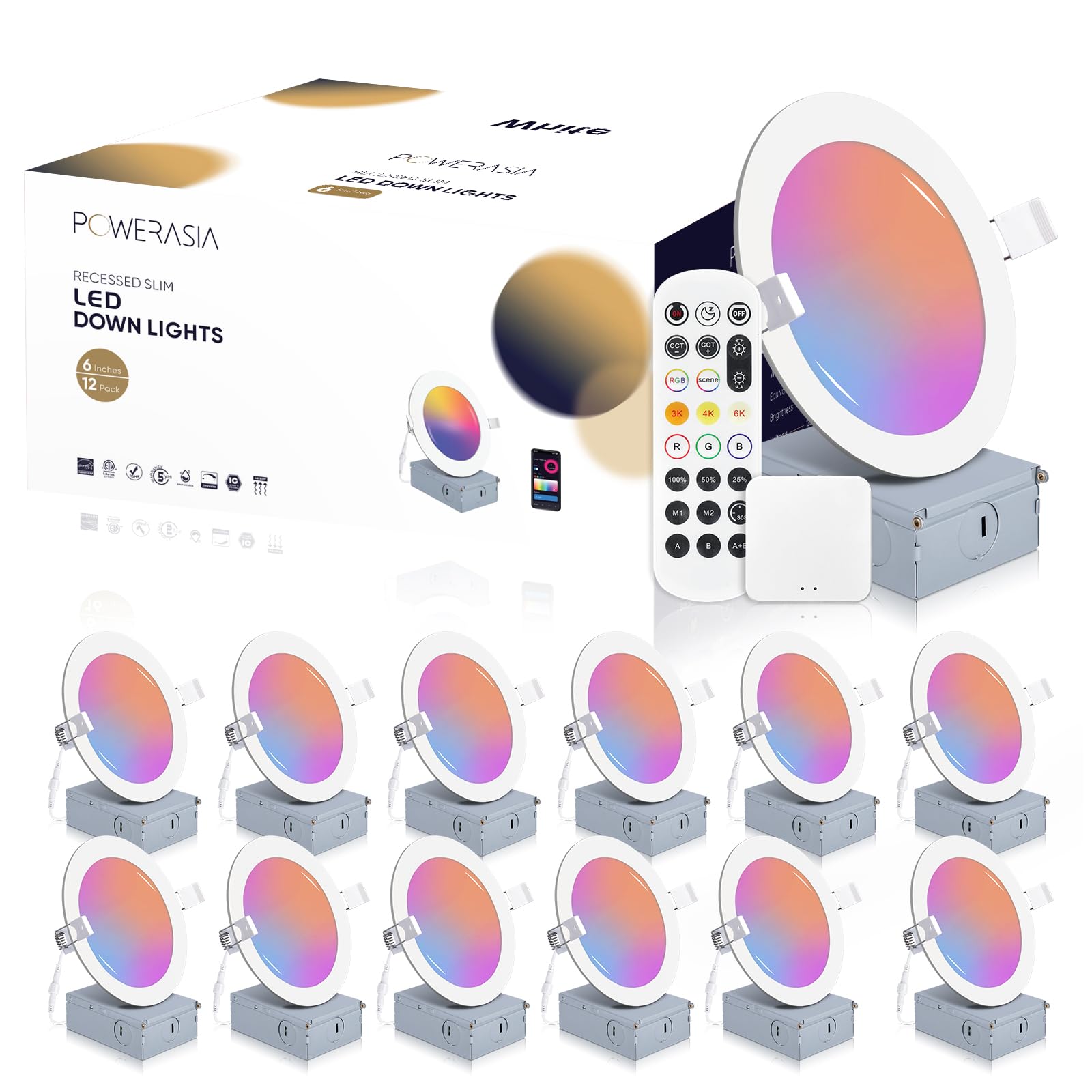 POWERASIA 12 Pack Smart Recessed Lighting 6 Inch, Ultra-Thin LED Recessed Lighting 12W 1200LM Smart Downlight with Junction Box,