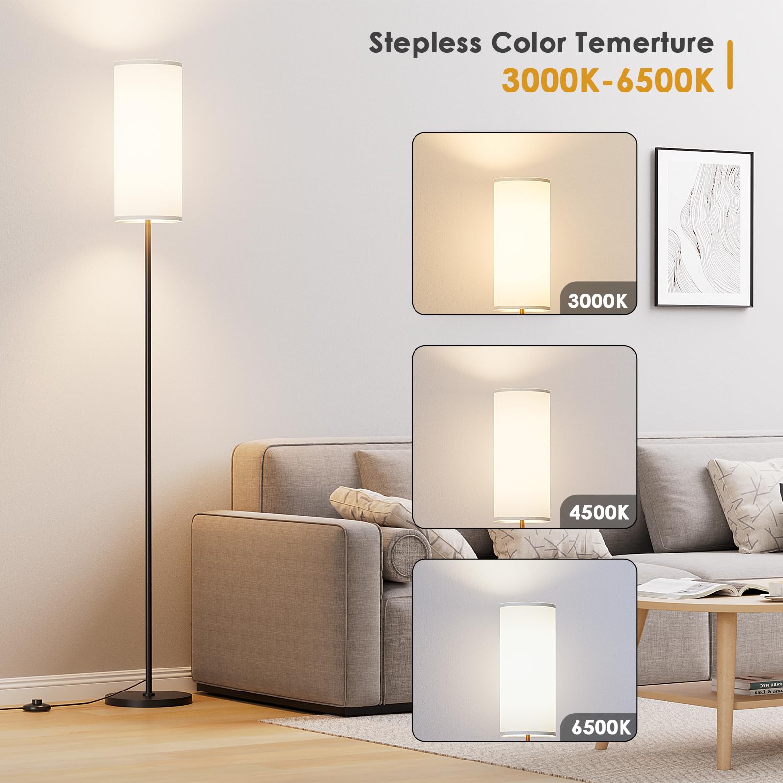 Karjoefar Floor Lamp For Living Room, Modern Standing Lamp With Remote Control, Stepless Dimmable 9W Bulb & Beige Lampshade Incl