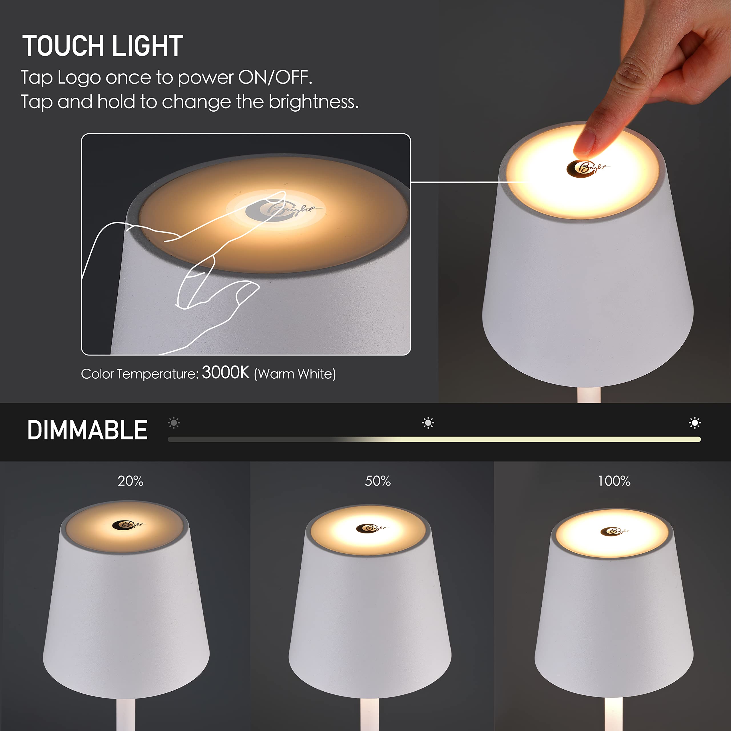 O'Bright Sandy Cordless LED Floor Lamp - Adjustable Height, Dimmable, Water Resistant, White, Model OB-FL21B for Indoor/Outdoor Use