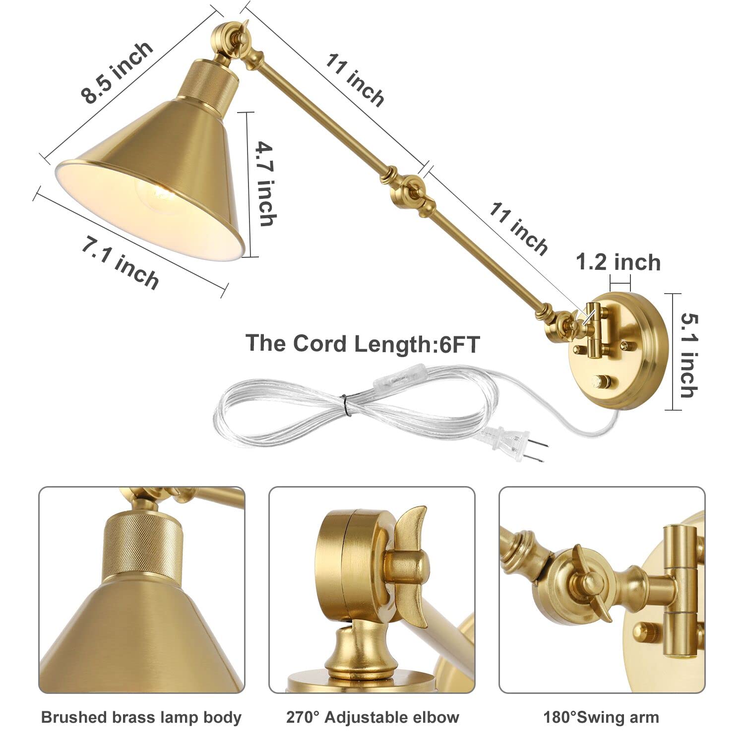 TRLIFE Wall Sconces, Dimmable Brass Swing Arm Lights, 2 Pack, Gold, E26 Base, UL Listed, Model Two-ArmsBr-01-2P