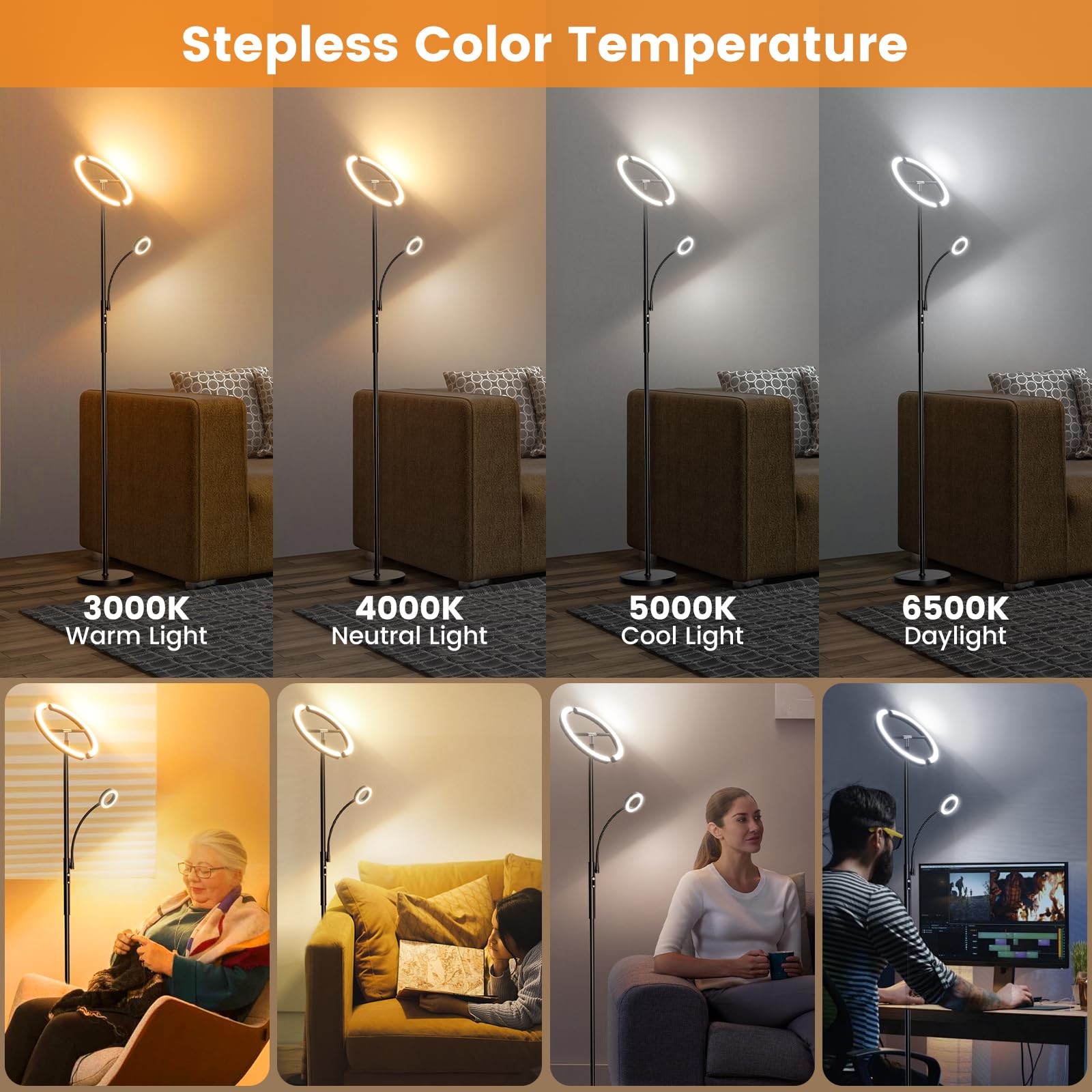 Sibrille Led Floor Lamp For Living Room - Modern Standing Lamp With Reading Light, Remote Touch Control Floor Light Dimmable Mot