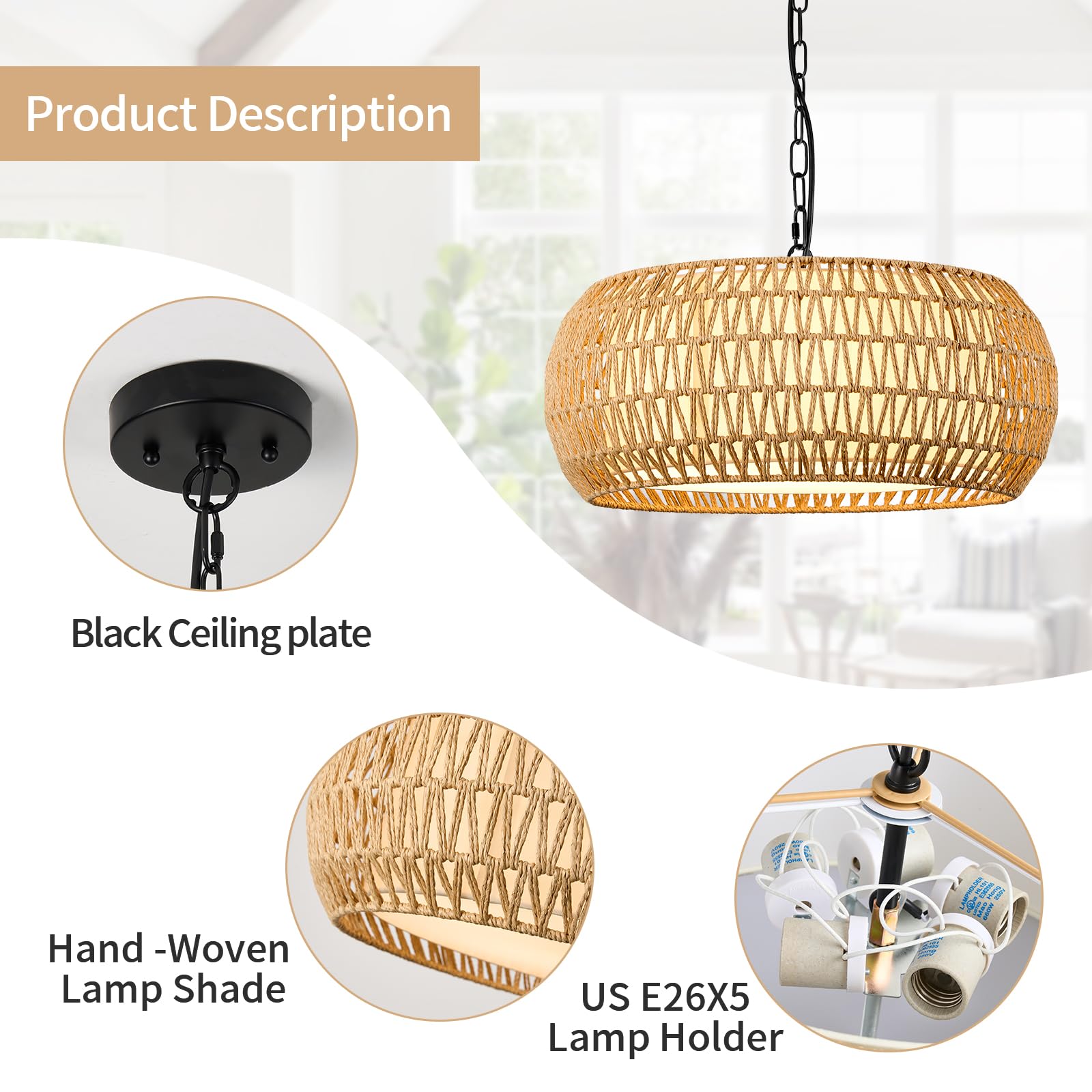 ALAISLYC 19 Inch Boho Chandelier - 5-Light Rattan Hanging Lamp for Dining Room, Large Hemp Rope Fixture, Farmhouse Style