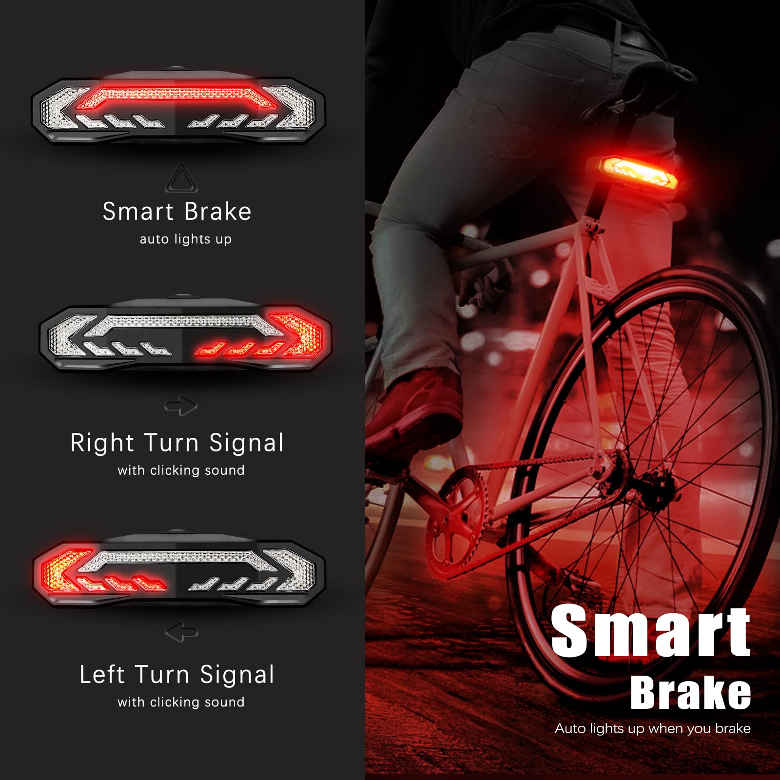 Wsdcam Smart Bike Tail Light With Turn Signals And Brake Light Auto On/Off, Bike Horn Alarm With Remote, Rear Bike Light Usb C Rechargeable Bicycle Tail Light Bike Turn Signals Alarm And Brake Light