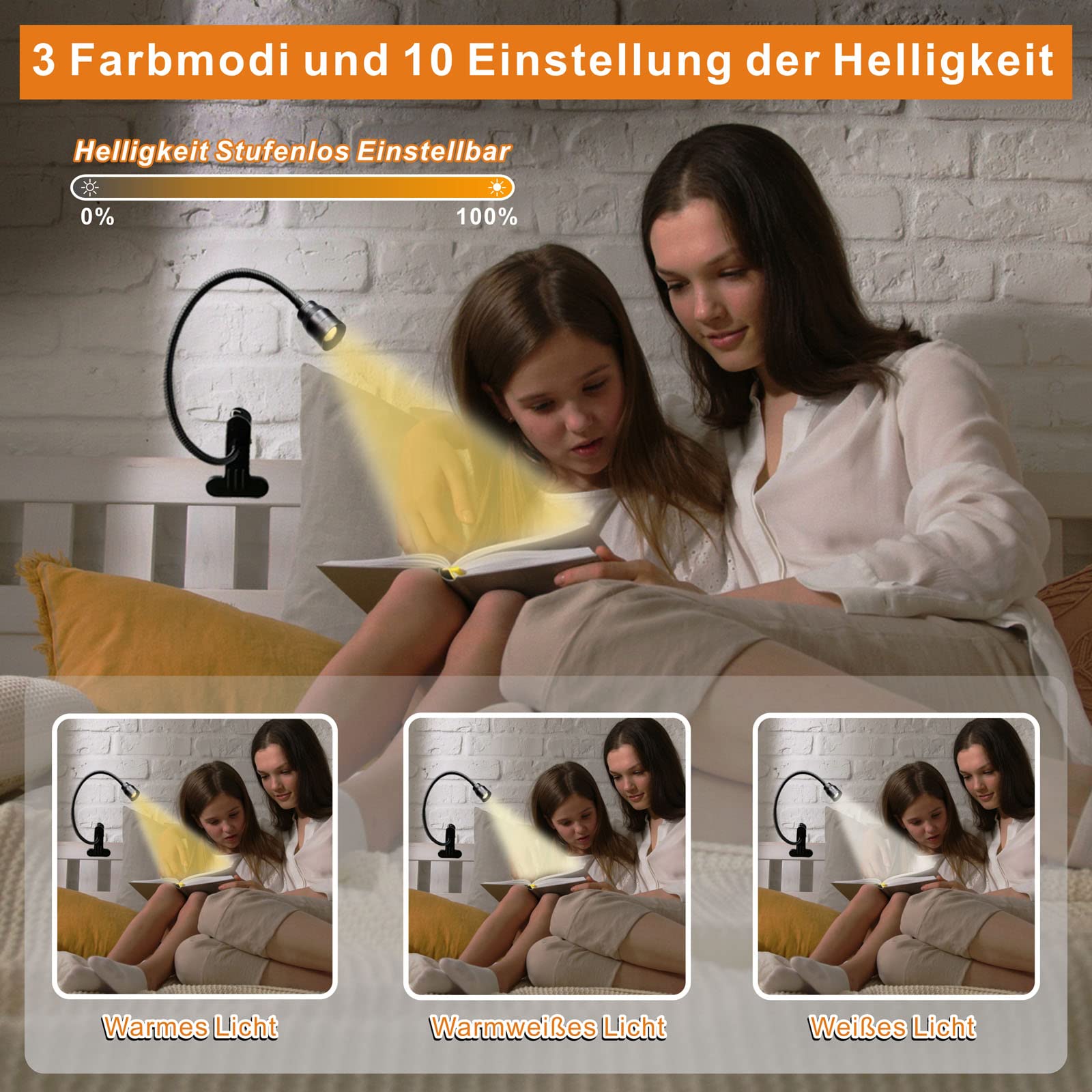 Ymcrlux Zoomable Led Reading Light, Dimmable Usb Clip-On Lamp, Adjustable Beam, Black, Model Zcl01