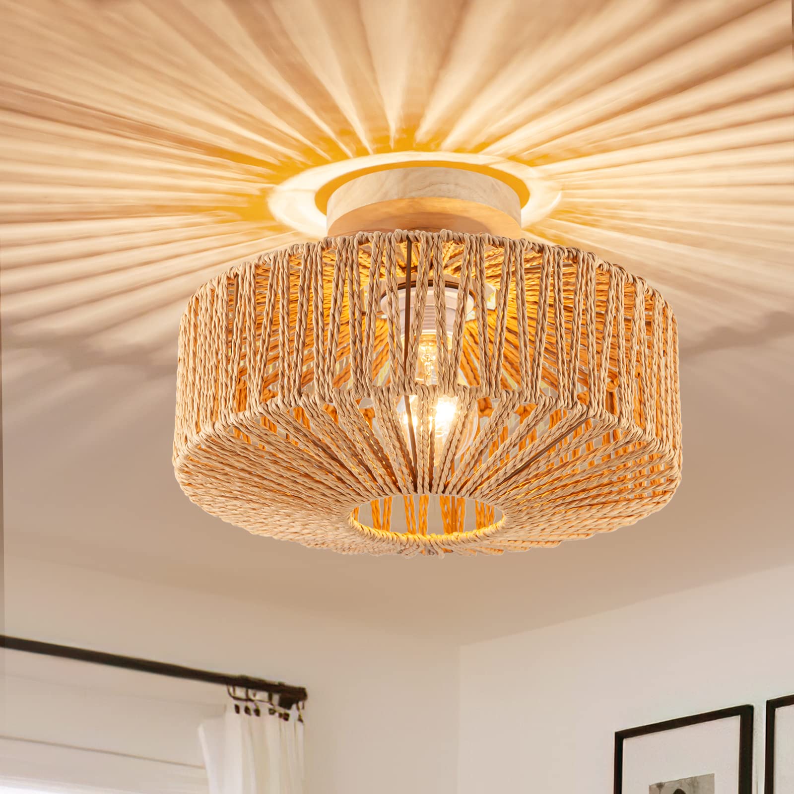 Zswanbei D19.7 Inch Boho Chandelier Lighting Flush Mount 3 Lights Rattan Ceiling Light Fixtures for Bedroom Living Room Kitchen 