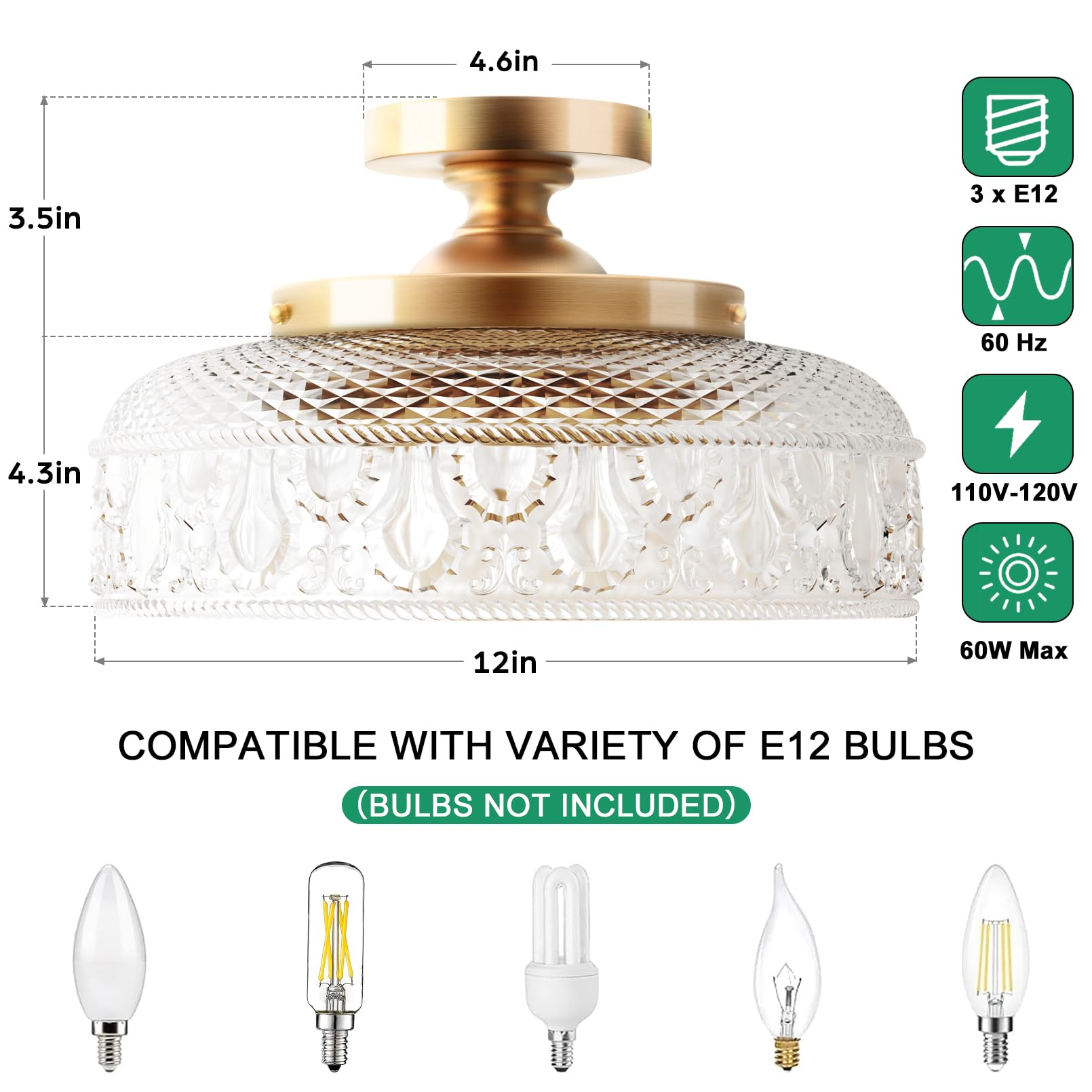 Lamomo Semi Flush Mount Ceiling Light, Upgraded Larger Green Hallway Light Fixture, 3-Bulb Globe Glass Close To Ceiling Scone, I