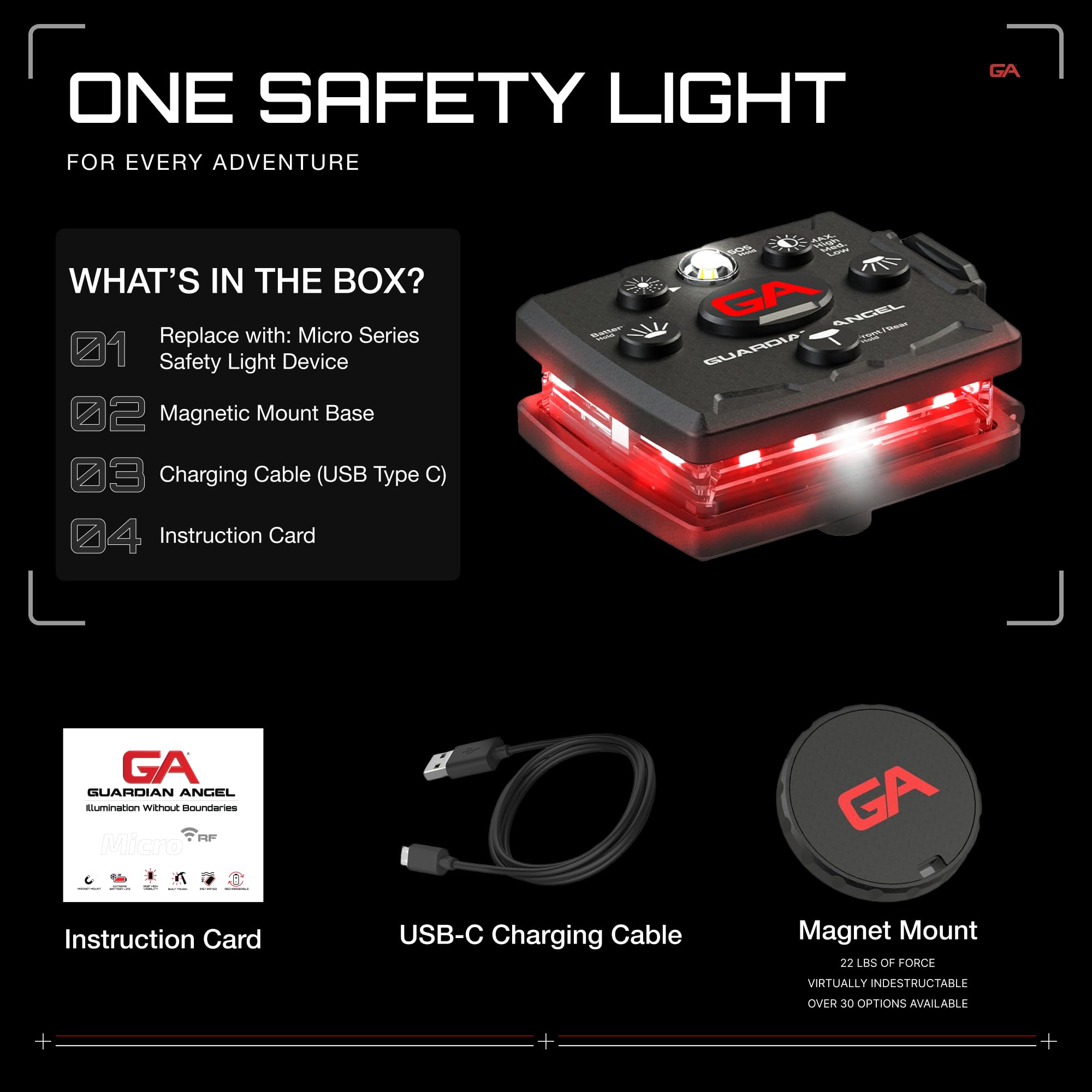 Guardian Angel Micro Series Safety Light, Beacon Device (Red Front & Red Rear) | Rechargeable, Magnetic & Hands-Free Wearable LE