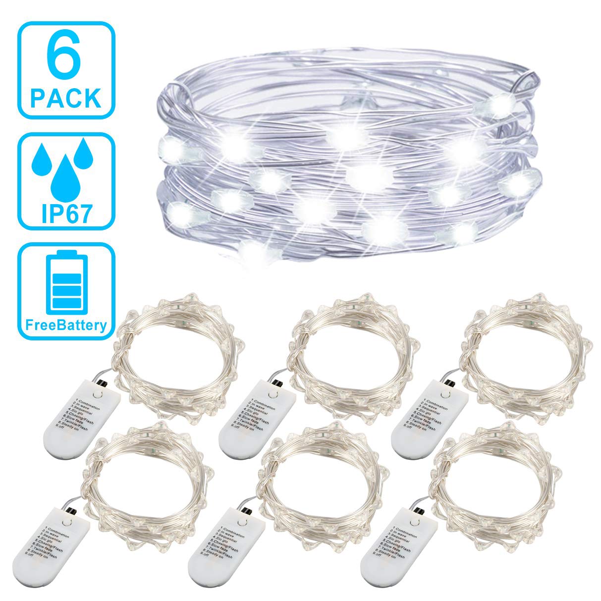 OakHaomie 6PCS Fairy String Lights, 20 LEDs, Cool White, 6.5ft Silver Wire, Battery Powered, Indoor/Outdoor Decor