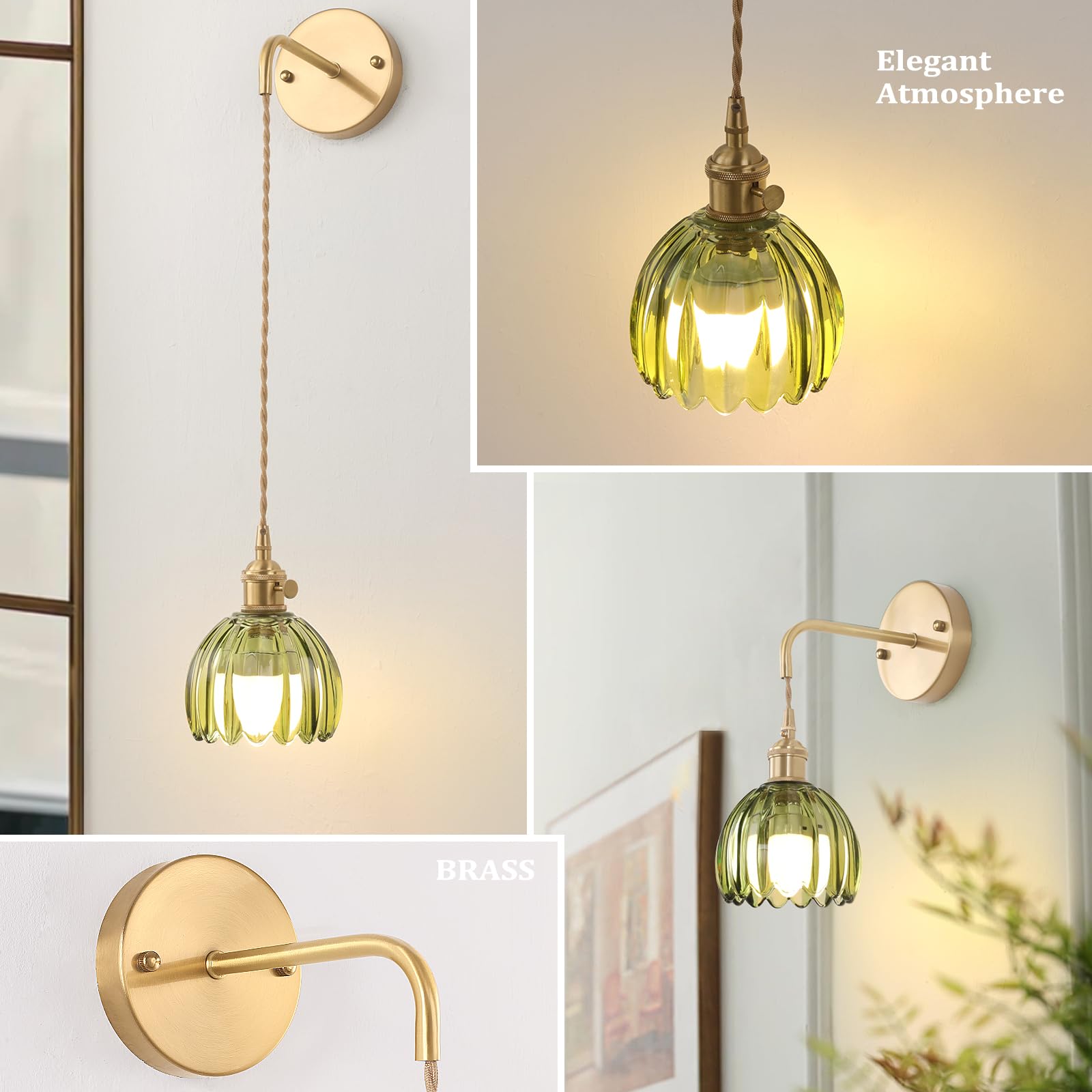 Shenmoyl Wall Sconce - Battery Operated Light, Brass, Adjustable Chain, Tulip-Green Shade, Model 1-938, Indoor Decor