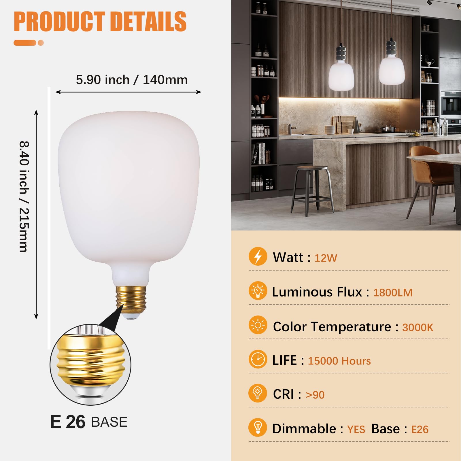 SD LUX Oversized LED Filament Bulb 12W 1800LM E26 Milky Glass T140WT Warm White (3000K) Dimmable, Vintage Style, 1