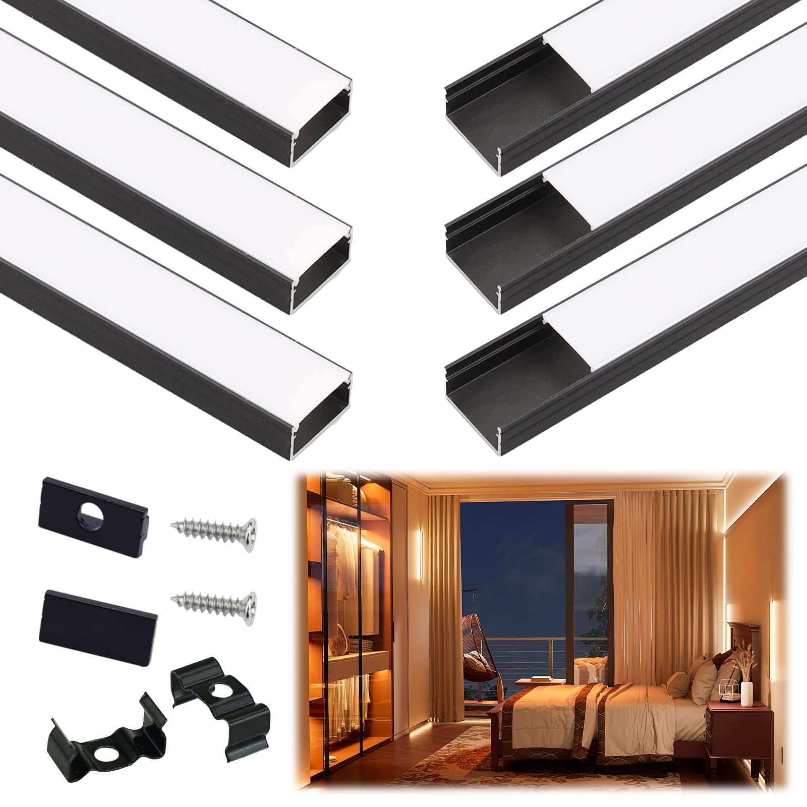 Muzata LED Strip Diffuser Channel, 3.3FT/1M, Black Aluminum, 6Pack, Milky White Cover, Model U102