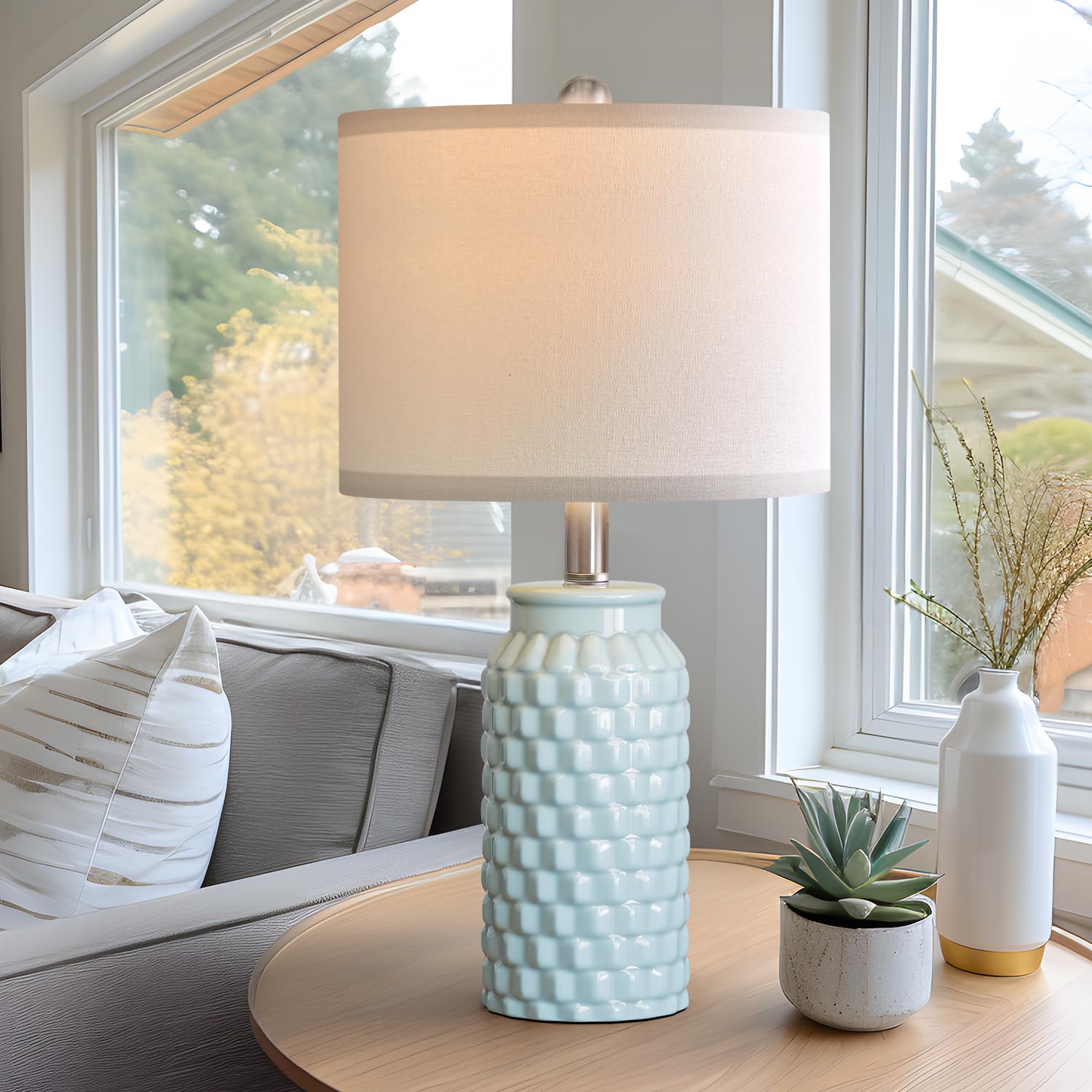 USumkky Ceramic Bedside Lamp Set of 2, 20.5in Light Blue, Modern Table Lamp for Bedroom and Living Room Decor