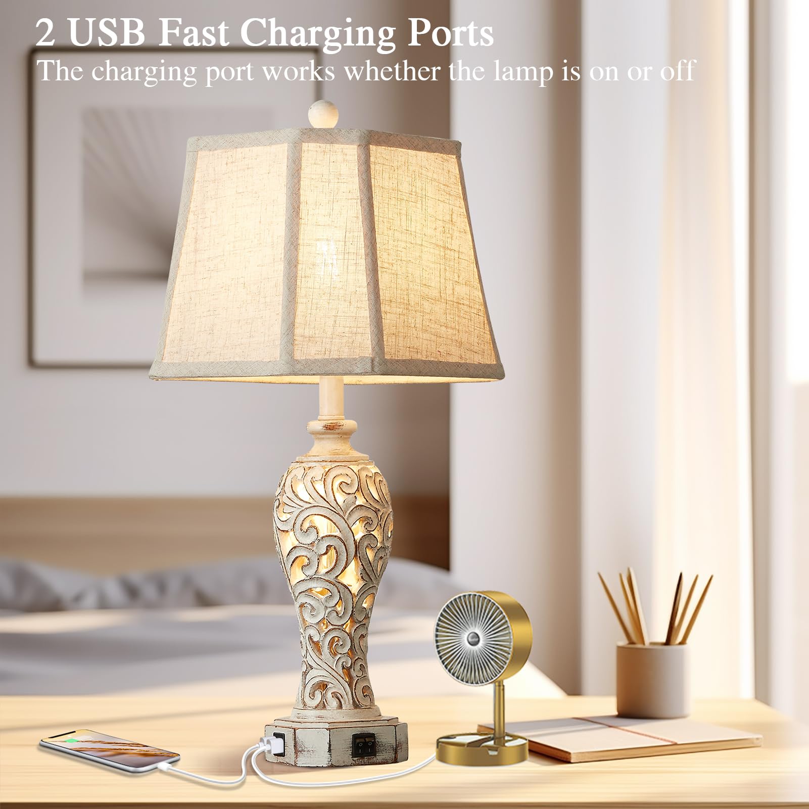 Reyokale Set of 2 Rustic Table Lamps, Wash White Resin, Vintage Design with 2 USB Ports, Model FBA-8916, Bulbs Included