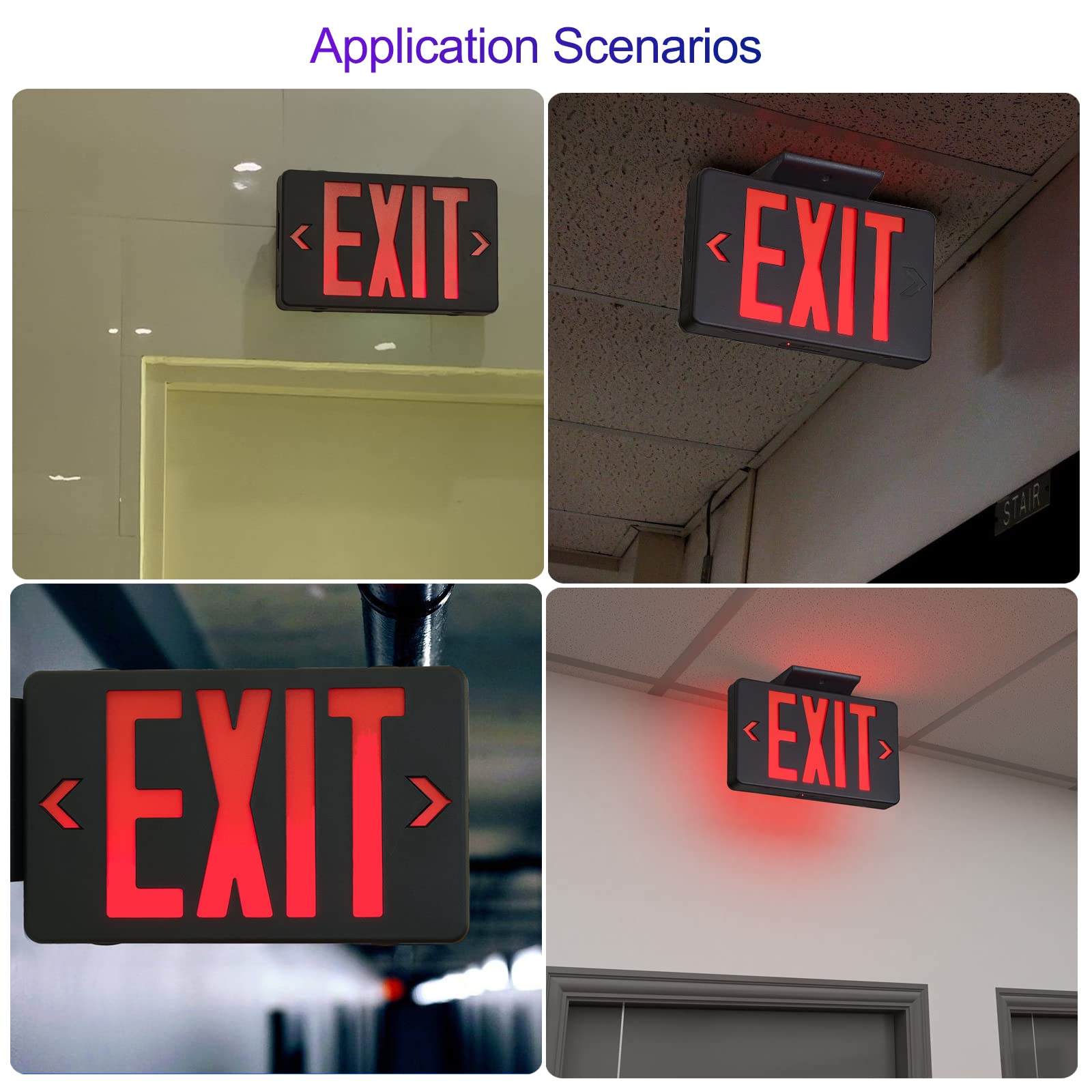 Gzruiyang Red Exit Sign With Black Housing, Led Emergency Light With Battery Backup, Ul Listed, Ac 120/277V, Commercial Lights F