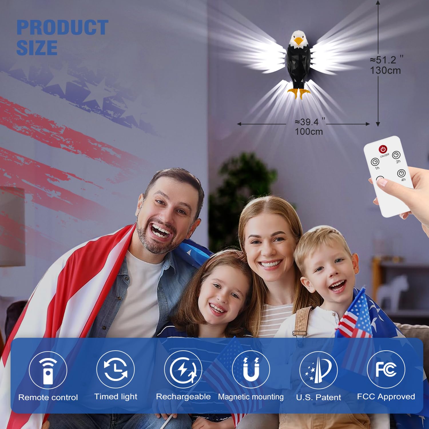 Kulrafey Bald Eagle Wall Light, American Freedom Led Animal Wall Light, Eagle Bird Shadow Night Lamp, Usb Charging, With Remote