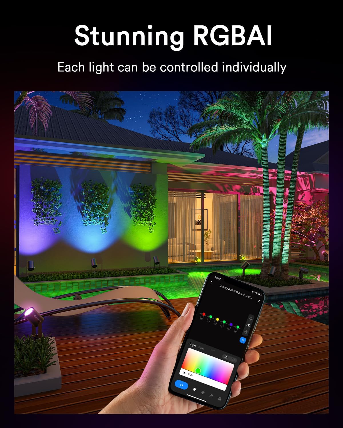 Lumary Smart Landscape Lights Pro, 6 Pack Color Changing Spotlights, 500LM, IP65 Waterproof, 65FT, Model US-GL4B-4, Pro 2 Color