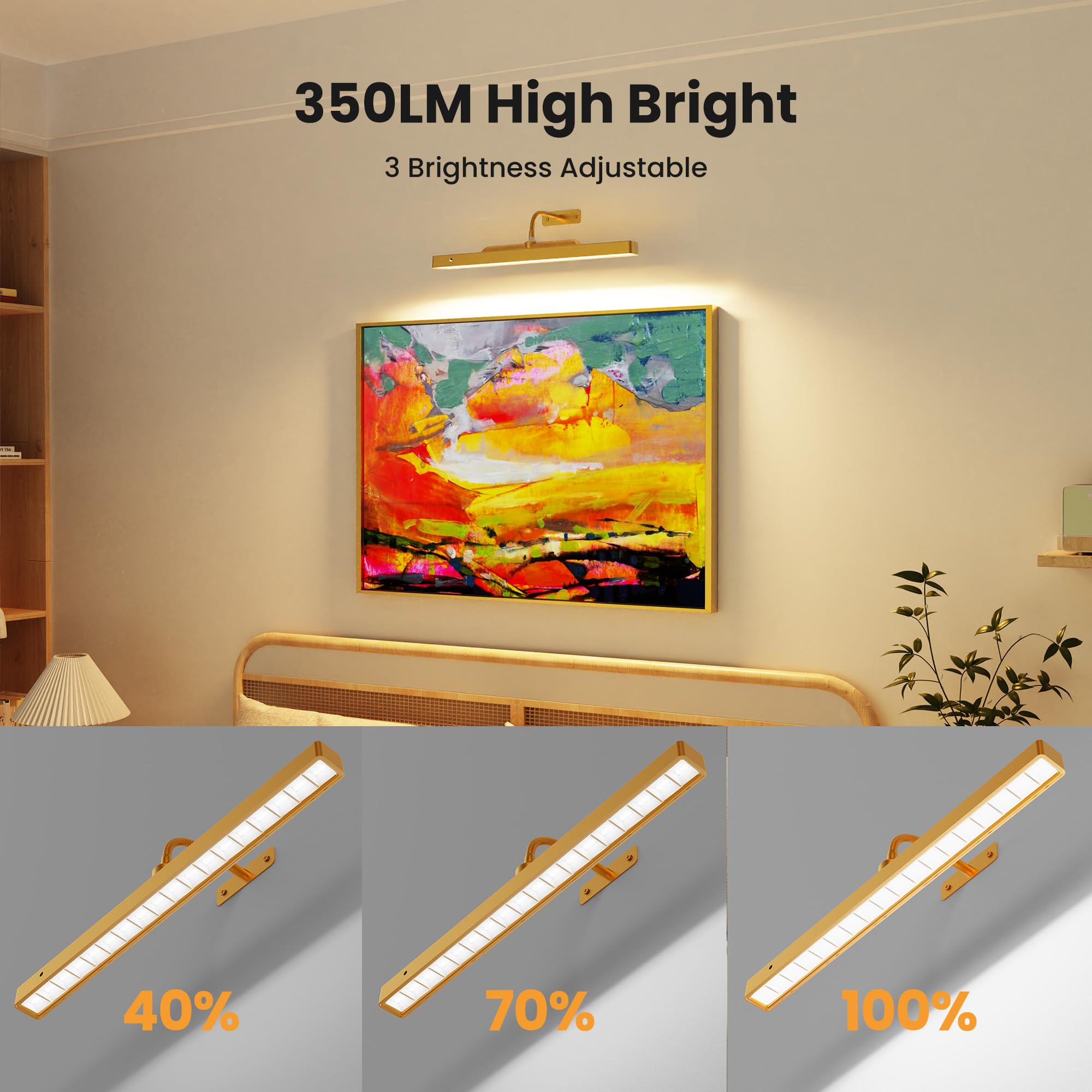 Craftersmark Picture Light, 16in Gold Battery Operated Art Light with Remote, Timer, Dimmable for discomfort-reducingtings and Photos