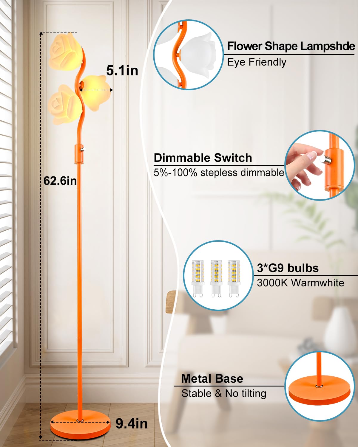 Lightdot 3-Light Flower Floor Lamp Stepless Dimmable Modern Mid Century Standing Lamp With 3Pcs 3000K G9 Bulbs Unique Cute Orang