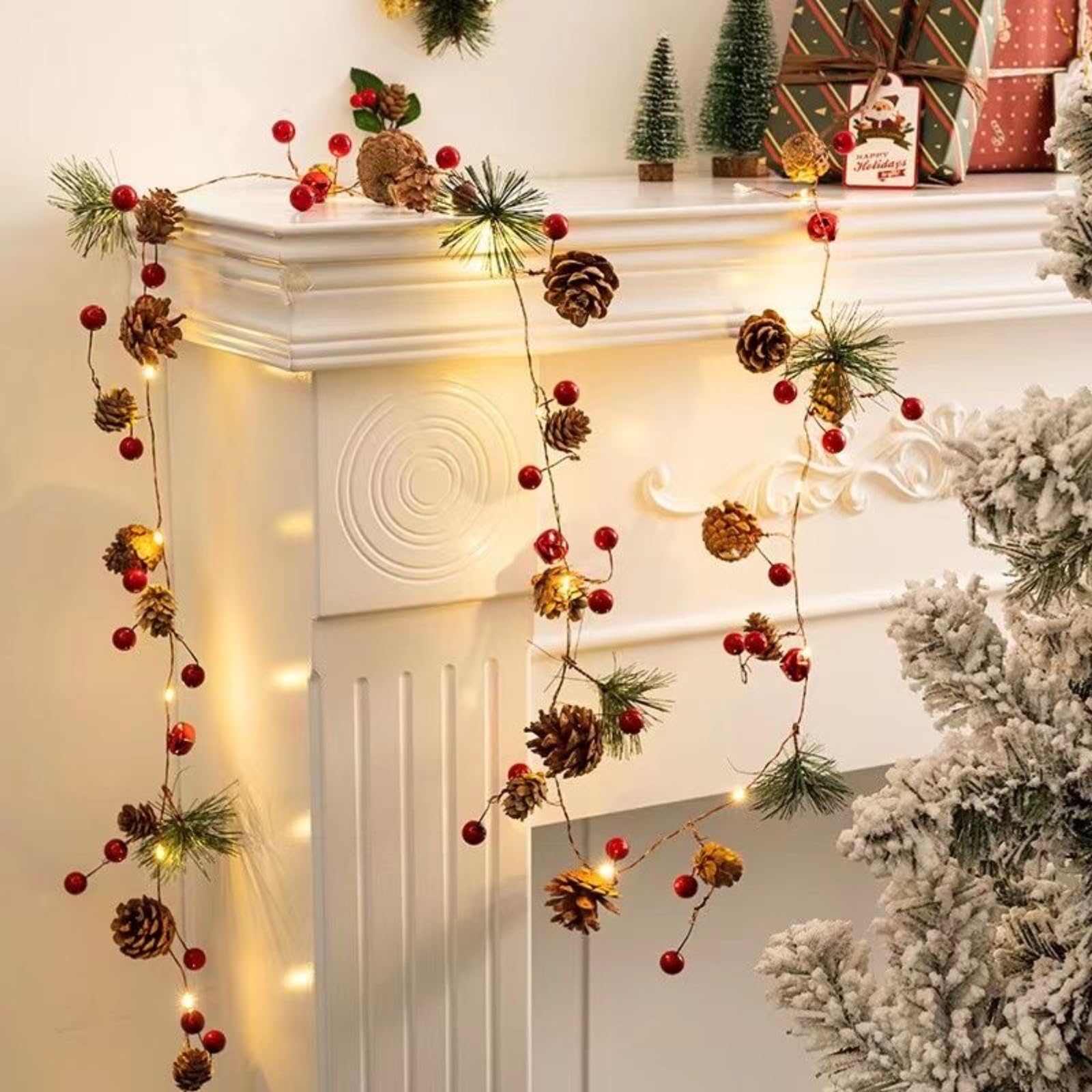 Brightown Christmas Pine Cone String Lights, 30 Led Battery Operated Garland String Lights With Red Berry Pine Cone Pine Needles Bells Fairy String Lights For Indoor Outdoor Christmas Decorations