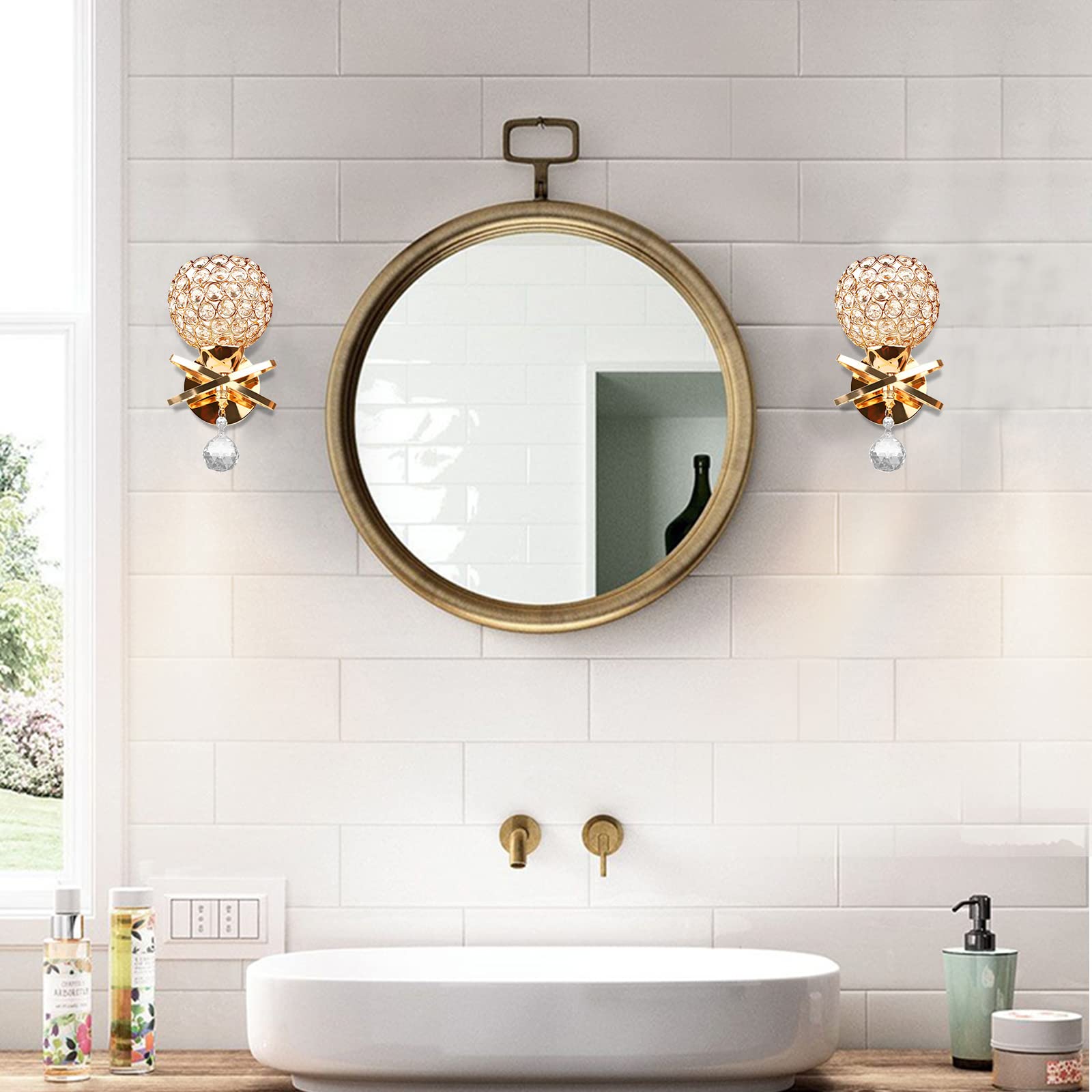 TISLYCO Gold Wall Sconces Set of Two, Modern Crystal Lighting, E26 Socket, Hardwired, Metal, Model HU-XI-201