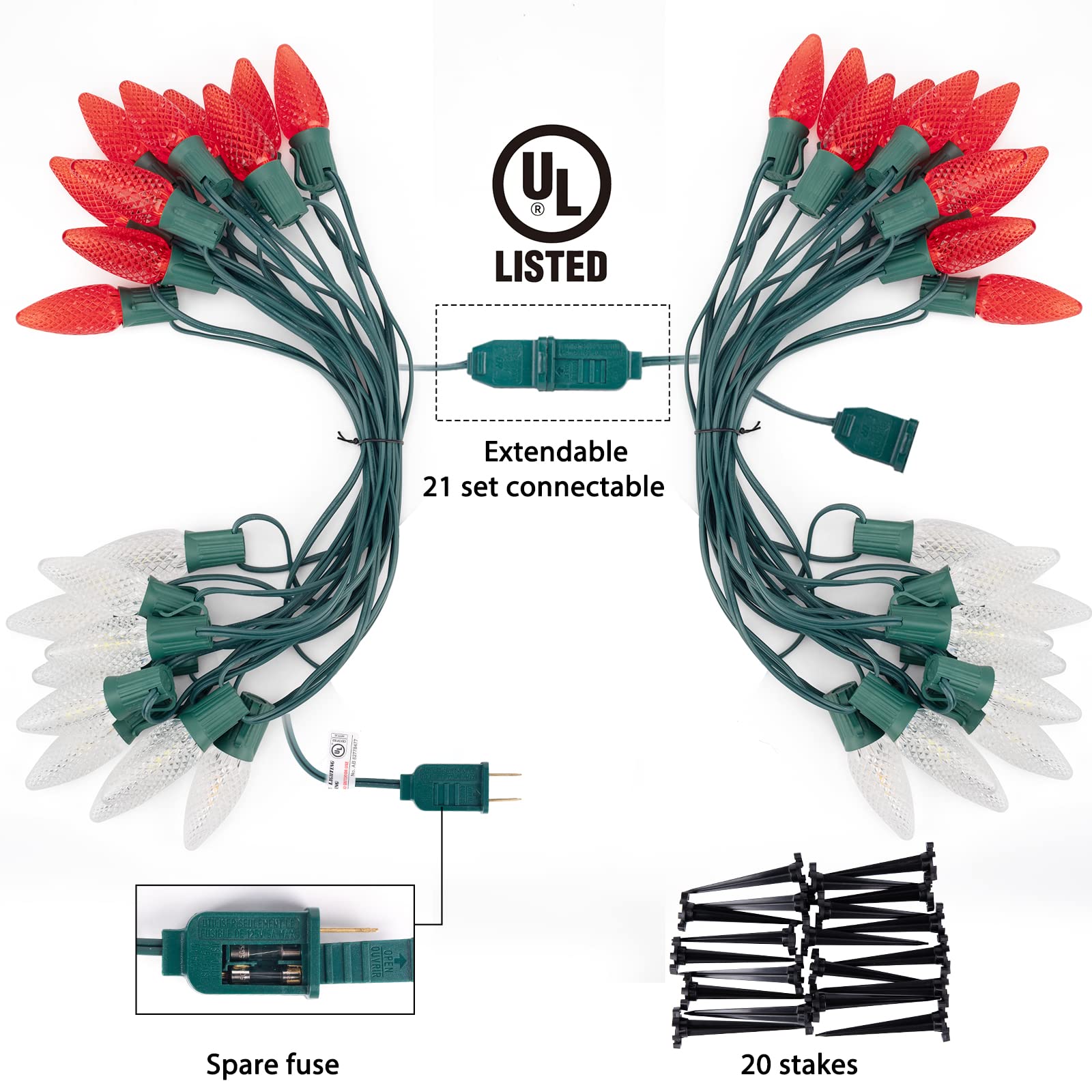 C9 Led Christmas String Lights Outdoor, 26 Feet 20 Led Christmas Pathway Lights With 20 Plastic Stakes, Connectable Waterproof F