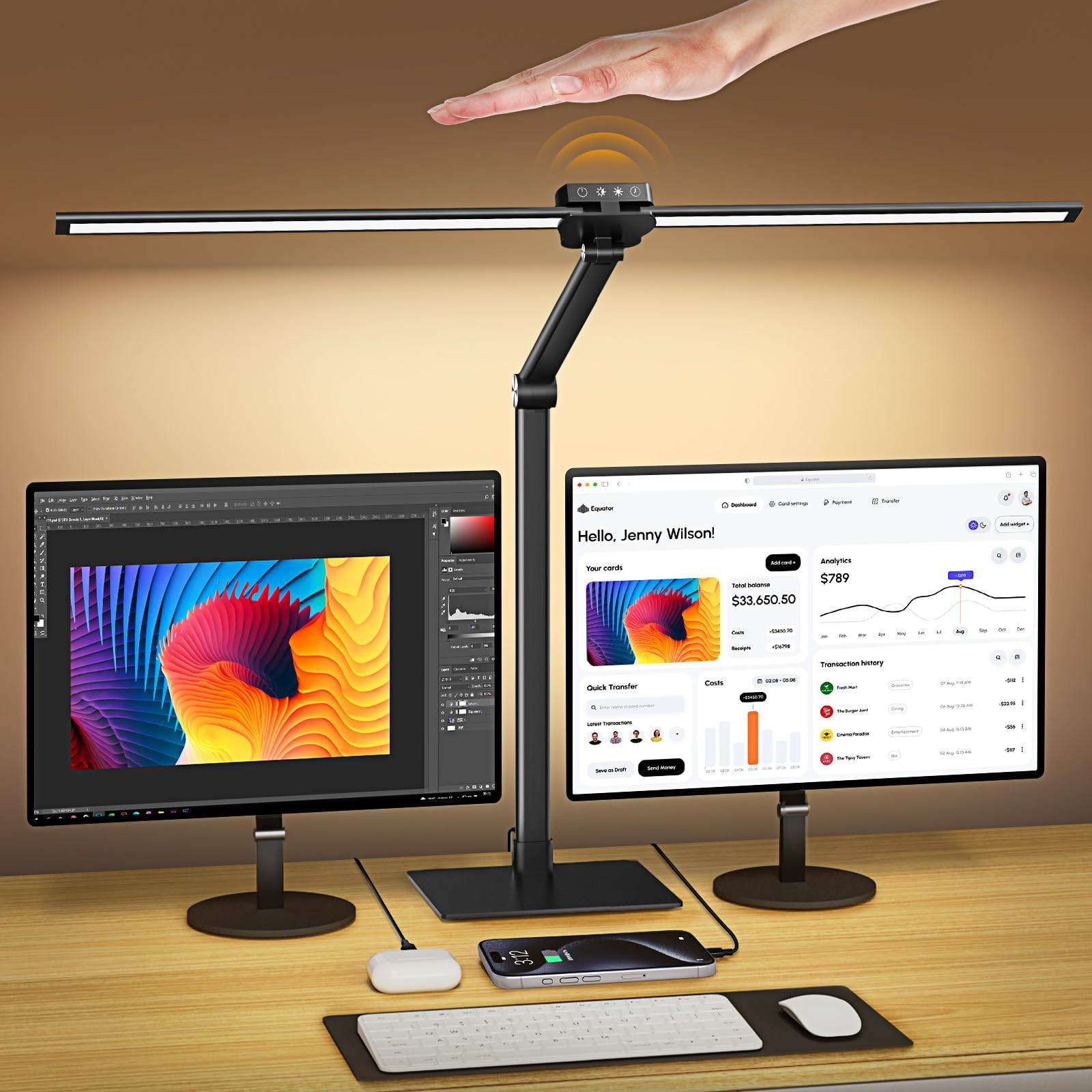 Syrinx Desk Lamp With Base, Eye-Caring Desk Lamps For Home Office With Gesture Sensor Switch, Dual Screen Computer Monitor Led Desk Light, 24W 25 Lightings Bright Table Lamp With Usb Charging Port